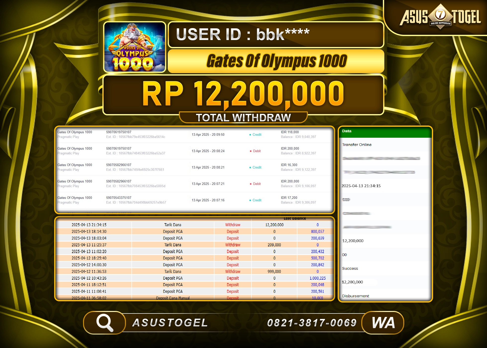 ASUSTOGEL KEMENANGAN DI SLOT GATES OF OLYMPUS 1000 SEBESAR 12,200,000- RUPIAH LUNAS