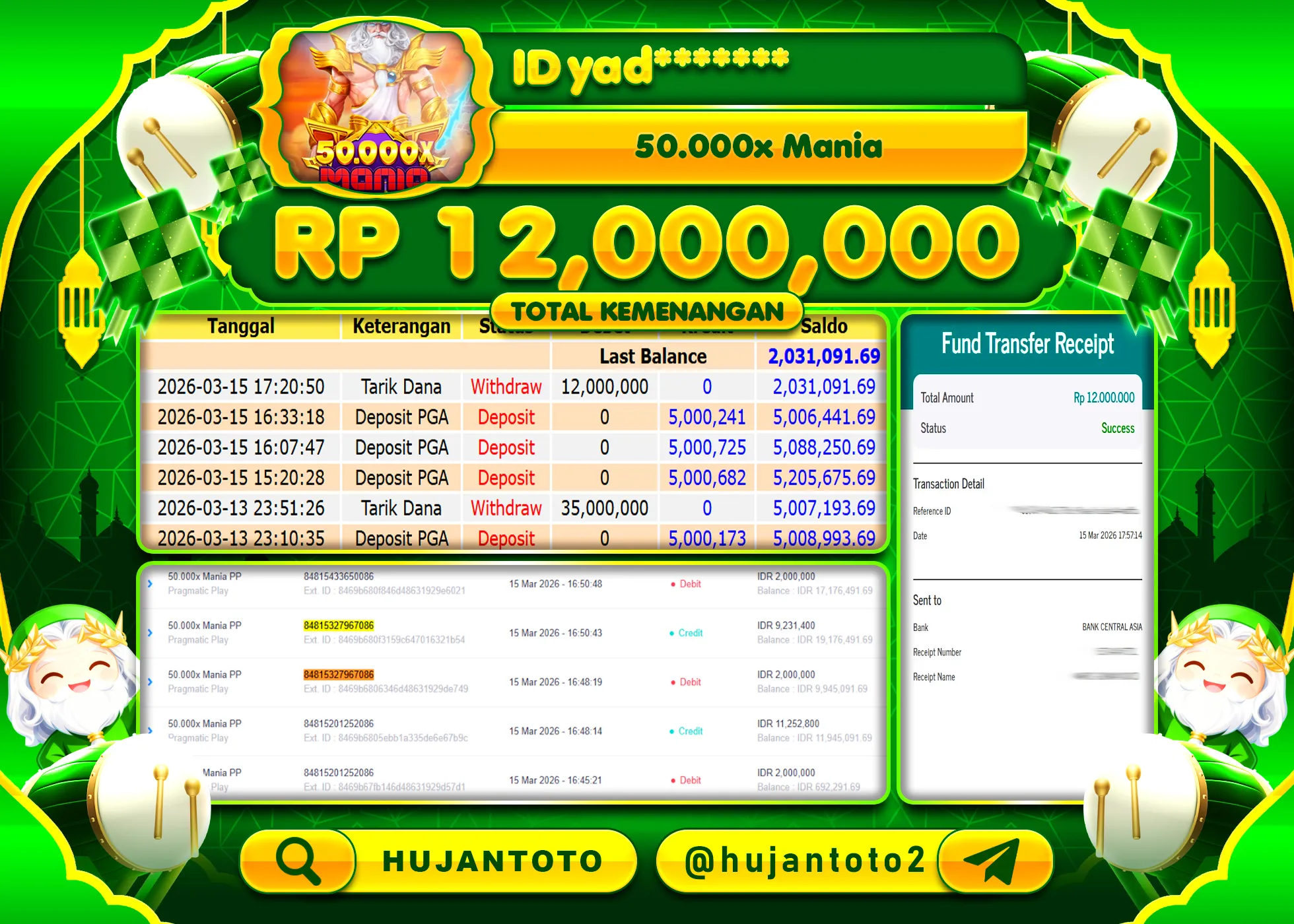 HUJANTOTO - BUKTI JACKPOT MENANG SLOT 50.000X MANIA Rp.12,000,000 - TERBAYAR LUNAS