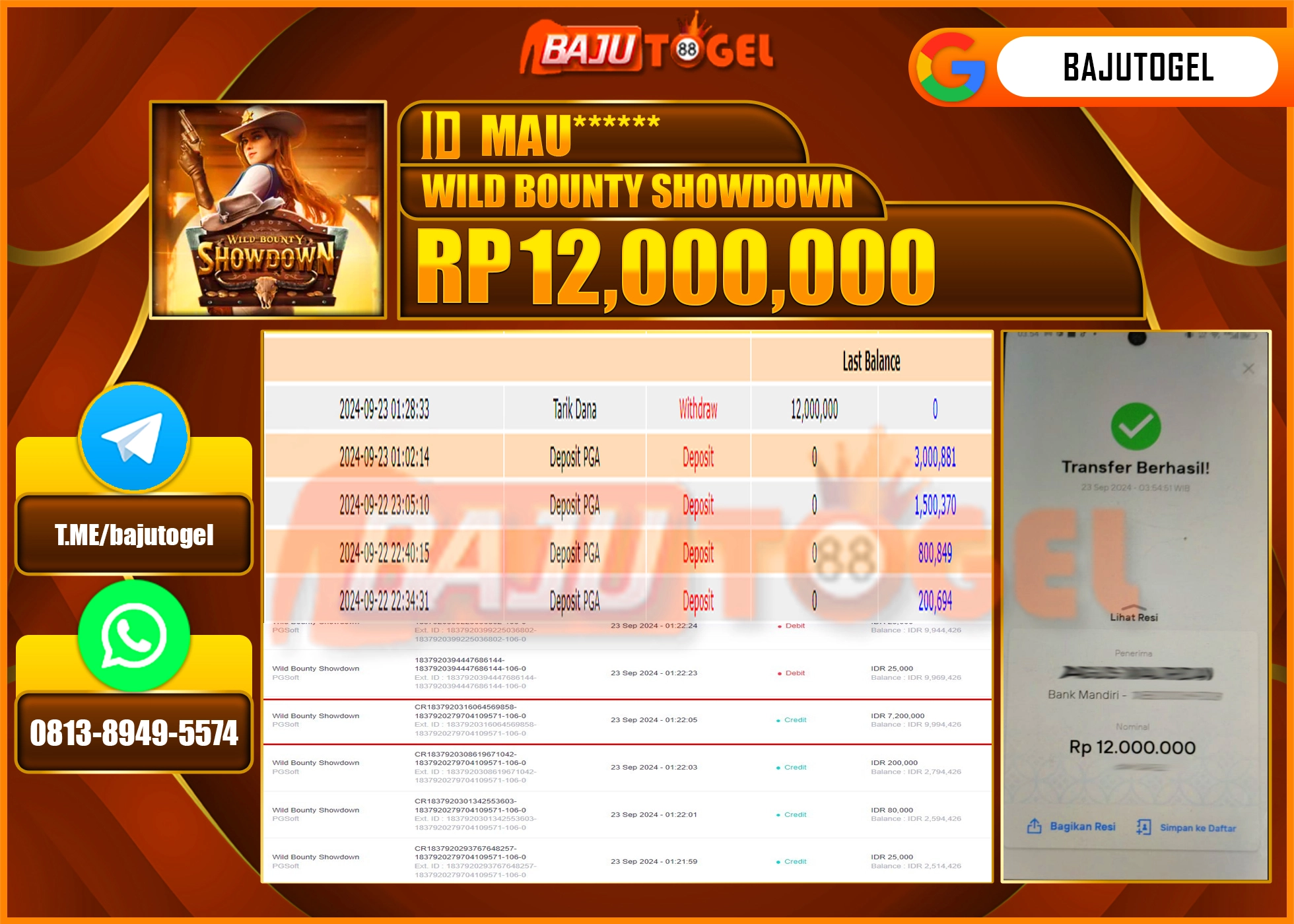 BAJUTOGEL JACKPOT WILD BOUNTY SHOWDOWN Rp.12.000.000 LUNAS