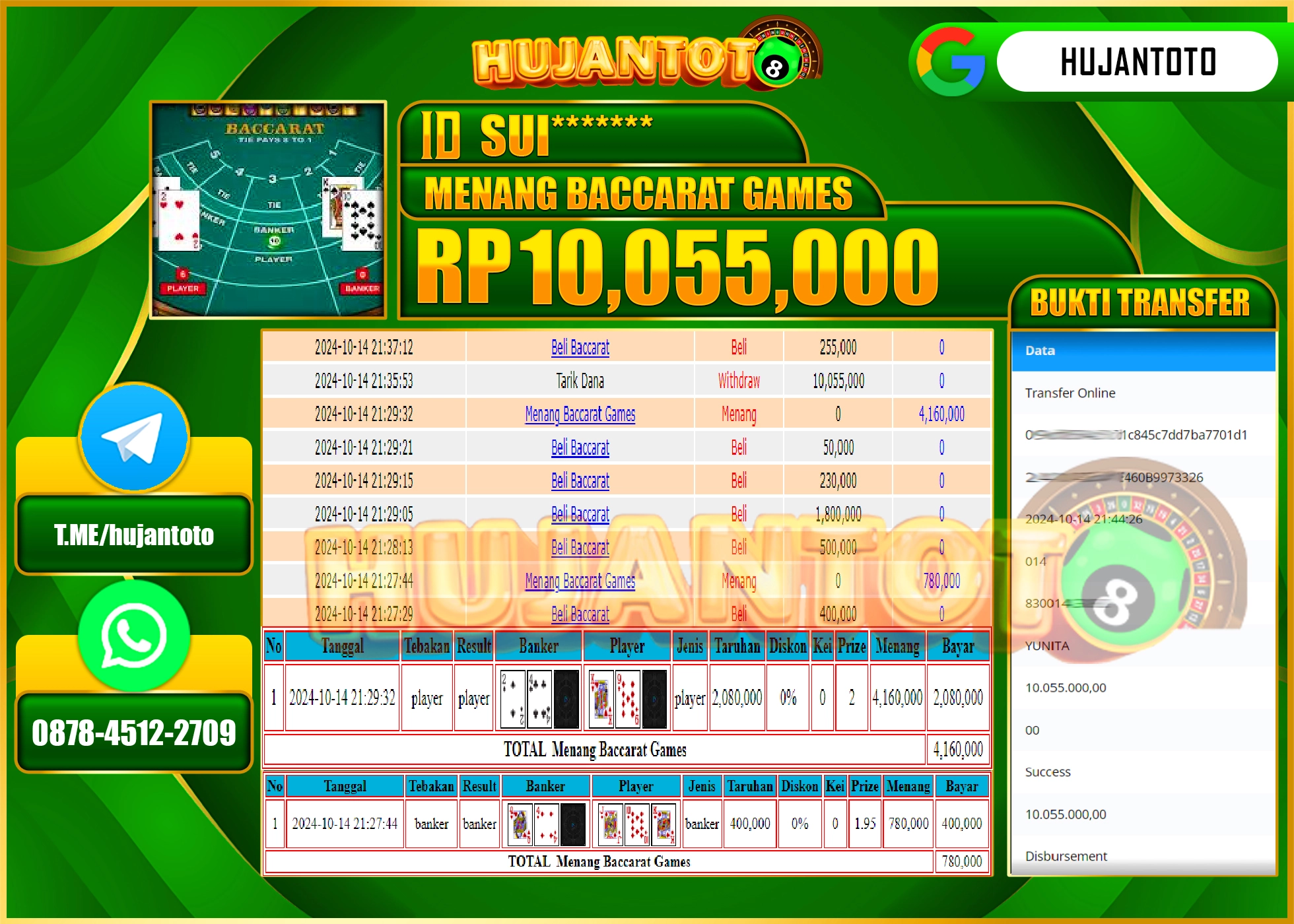 HUJANTOTO MENANG DI PERMAINAN BACARRAT LIVE GAMES- 10,055,000- LUNAS 