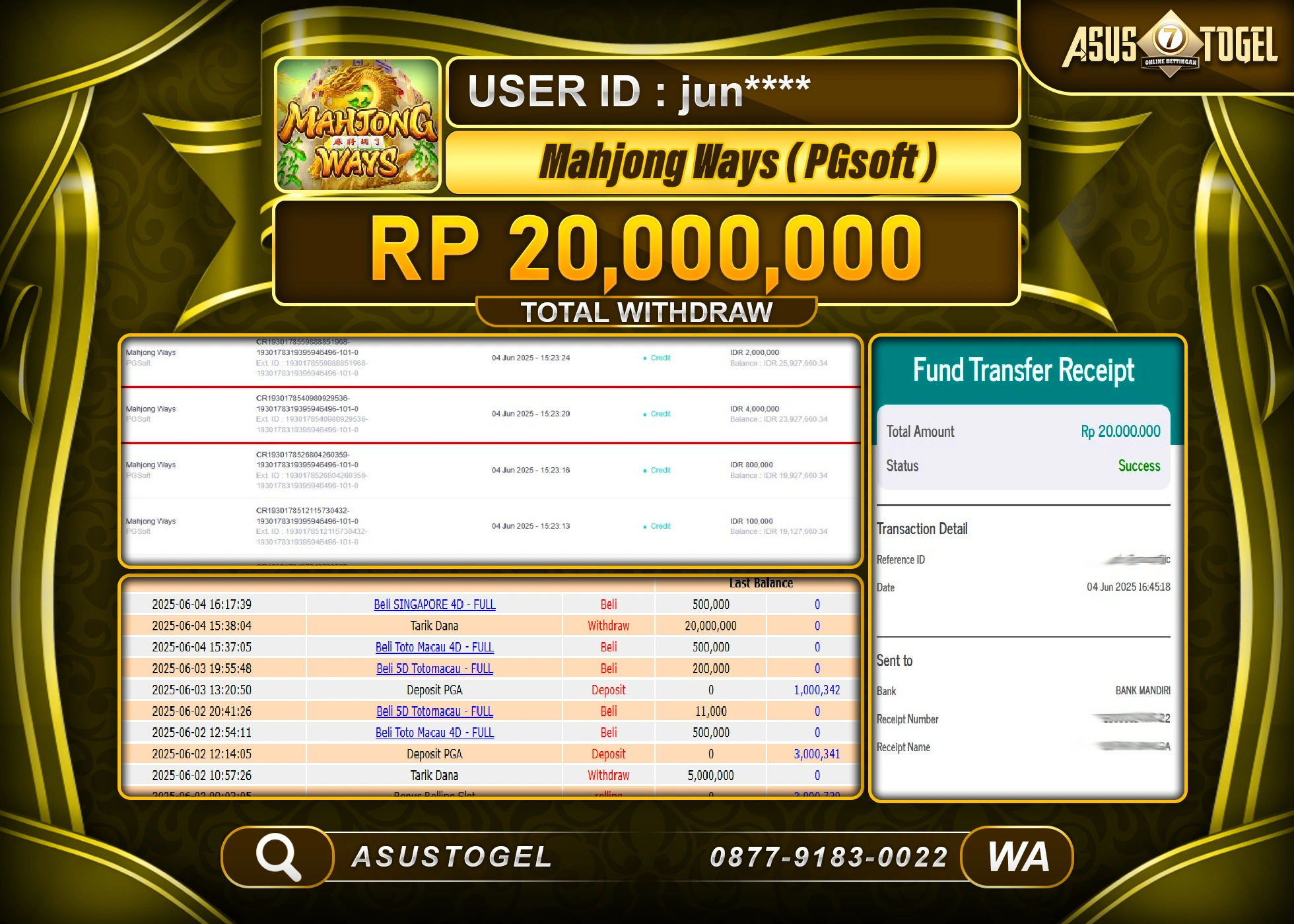   ASUSTOGEL KEMENANGAN DI SLOT MAHJONG WAYS  SEBESAR 20,000,000- RUPIAH LUNAS