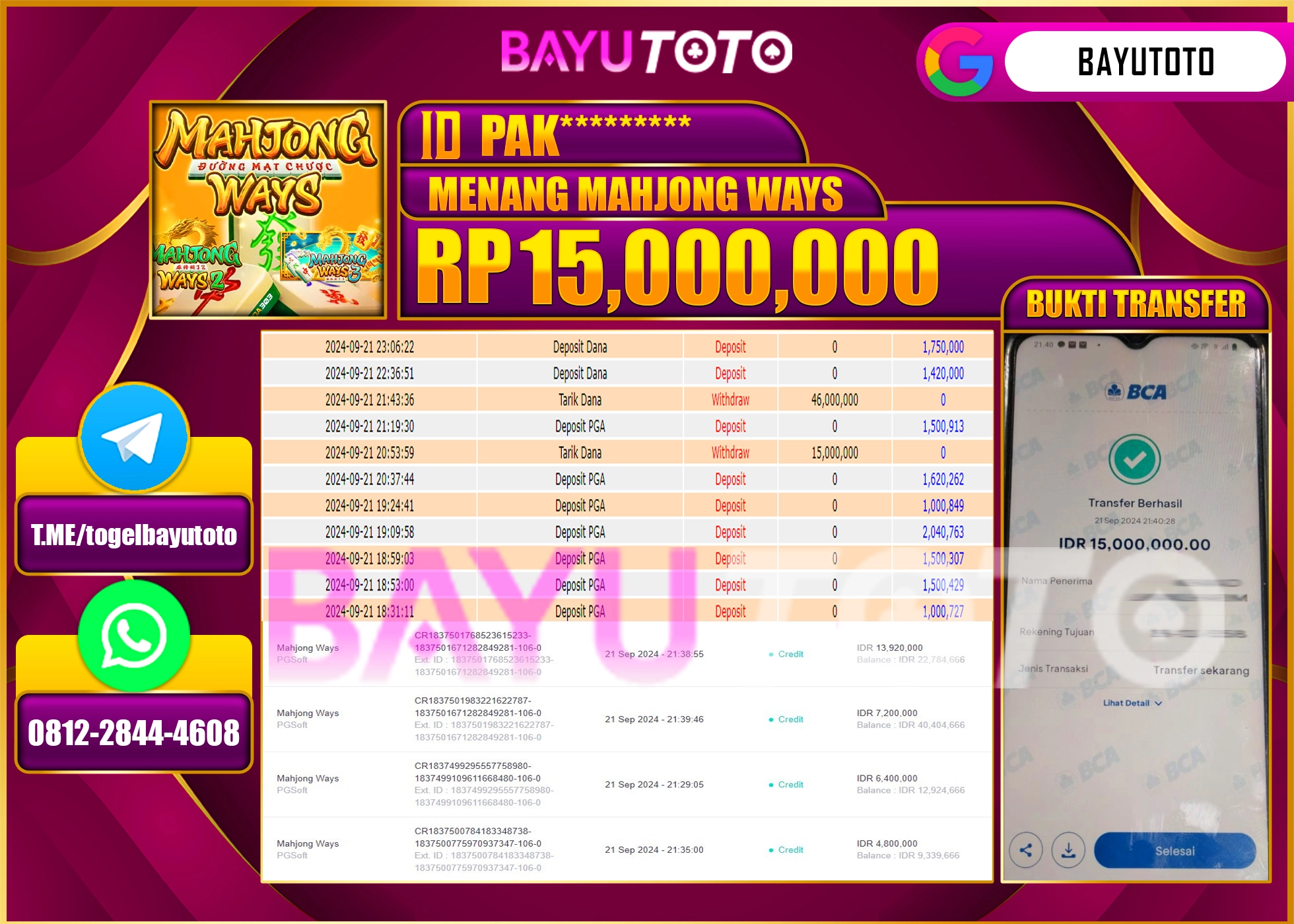 BAYUTOTO MENANG SLOT MAHJONG WAYS 15.000.000 - LUNAS