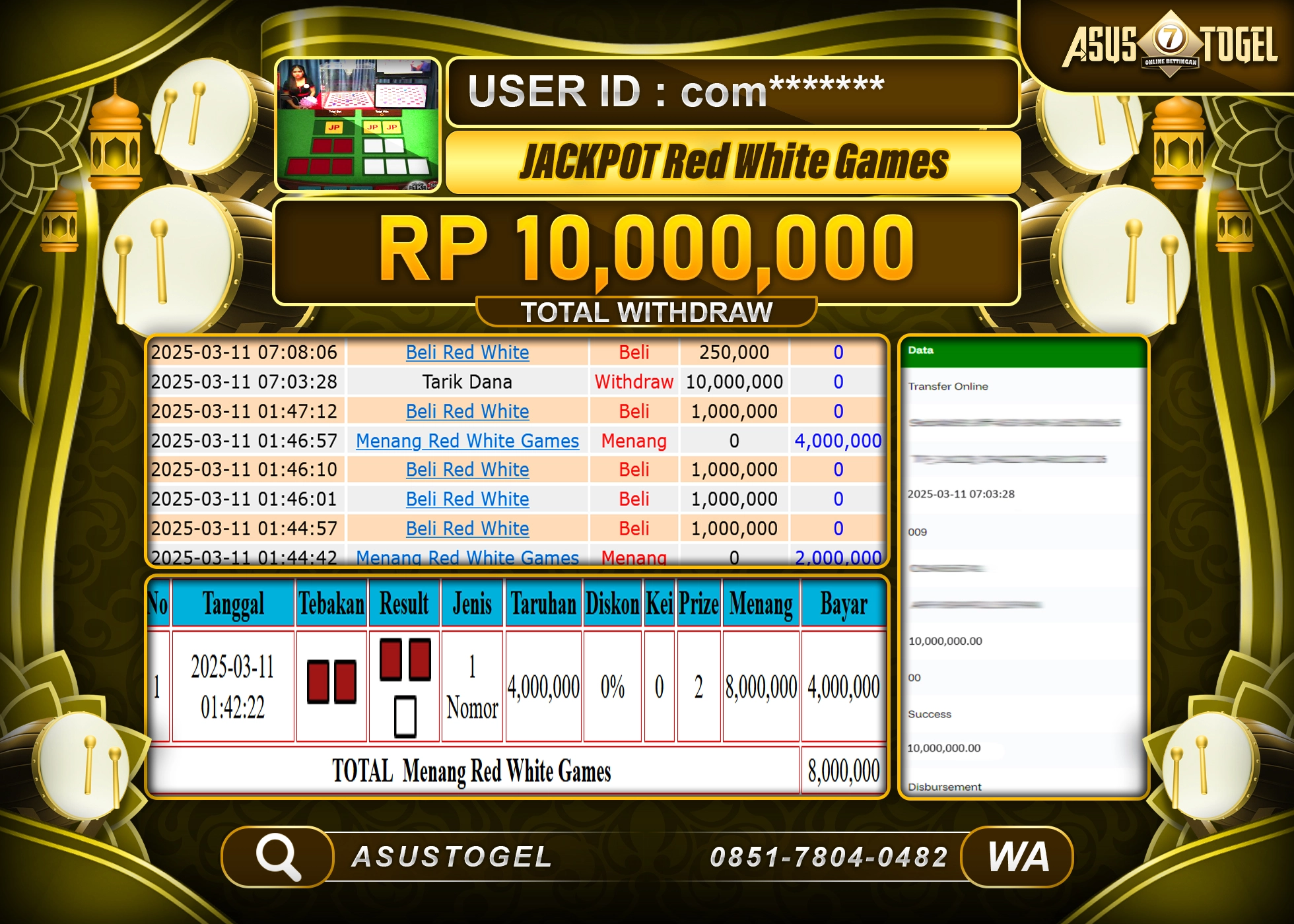 ASUSTOGEL KEMENANGAN DI RED WHITE GAMES SEBESAR 10,000,000- RUPIAH LUNAS