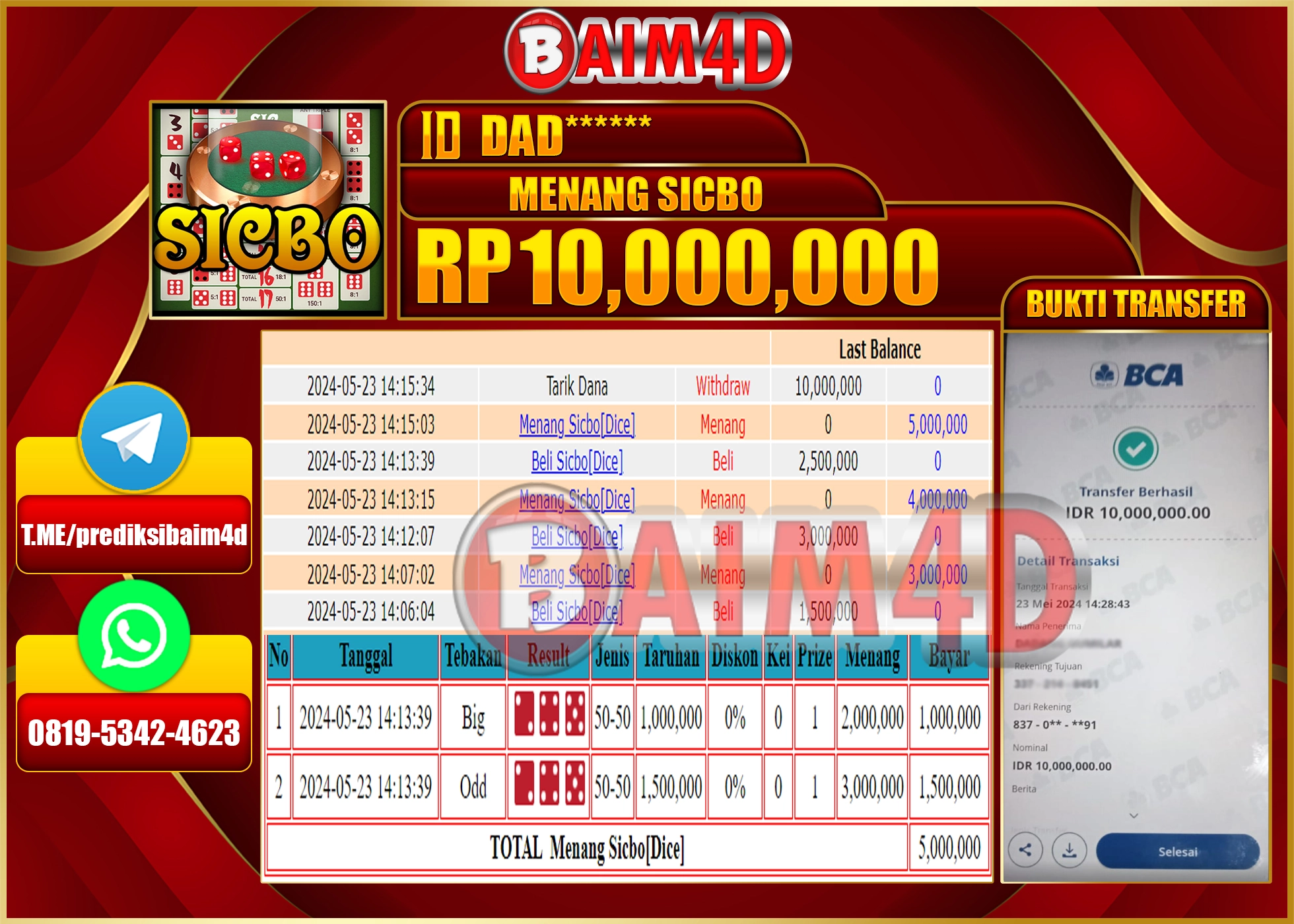 BAIM4D JACKPOT LIVE CASINO SICBO Rp.10.000.000.,- LUNAS