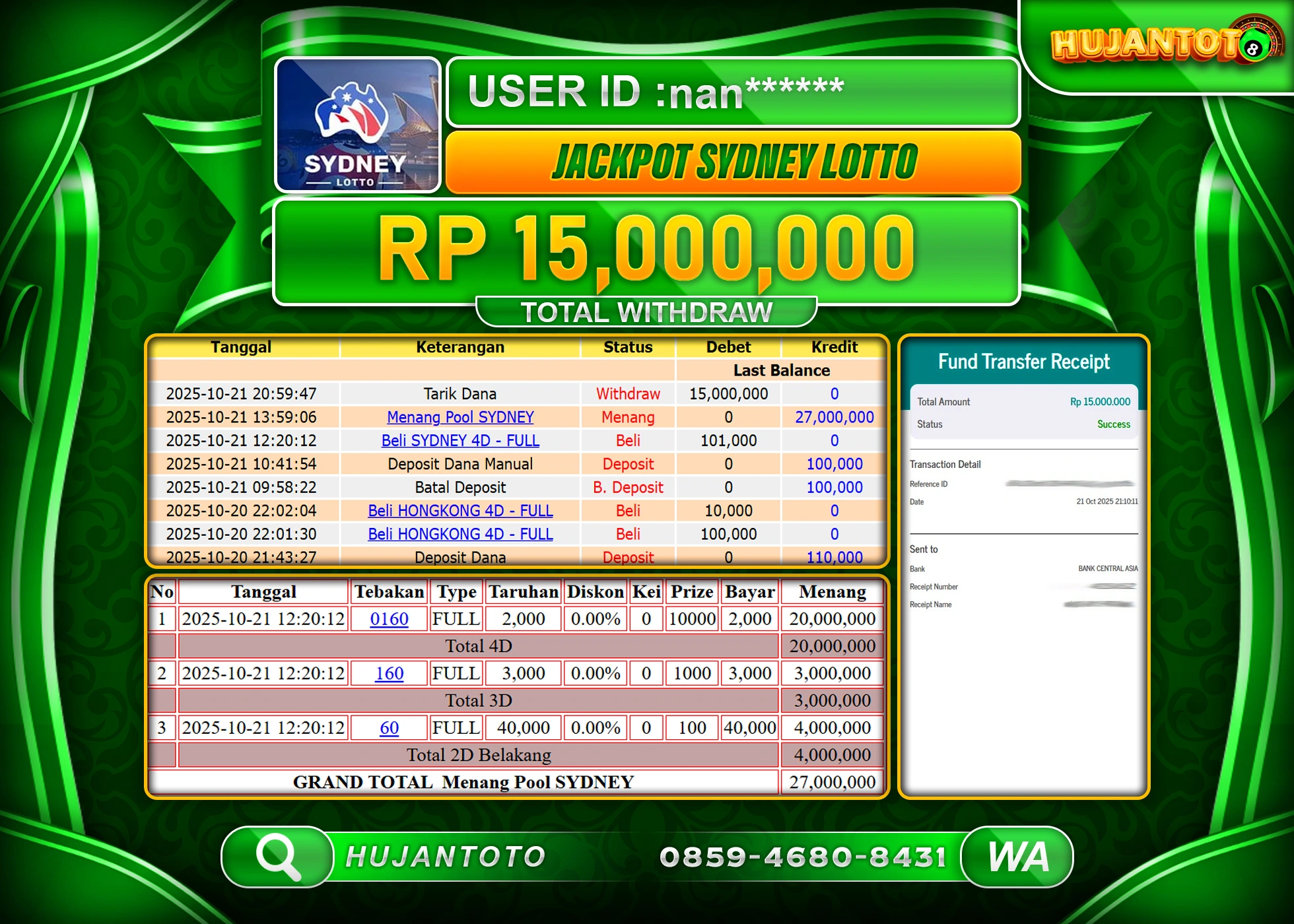 HUJANTOTO - BUKTI JACKPOT MENANG PERMAINAN TOGEL SYDNEY LOTTO Rp.15,000,000 - TERBAYAR LUNAS