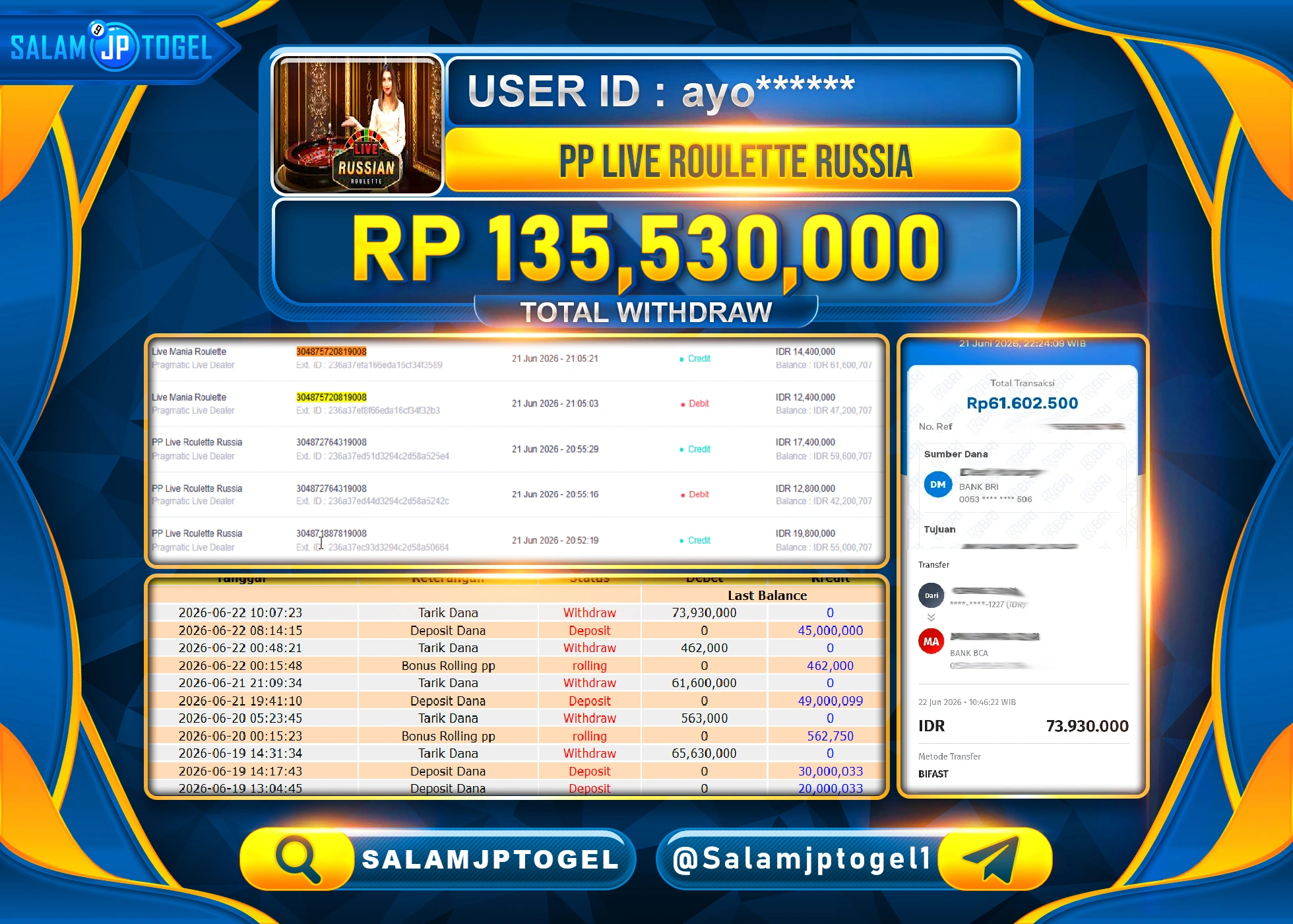 SALAMJPTOGEL JACKPOT MENANG LIVEGAMES PP LIVE ROULETTE RUSSIA Rp.135,530,000 - LUNAS