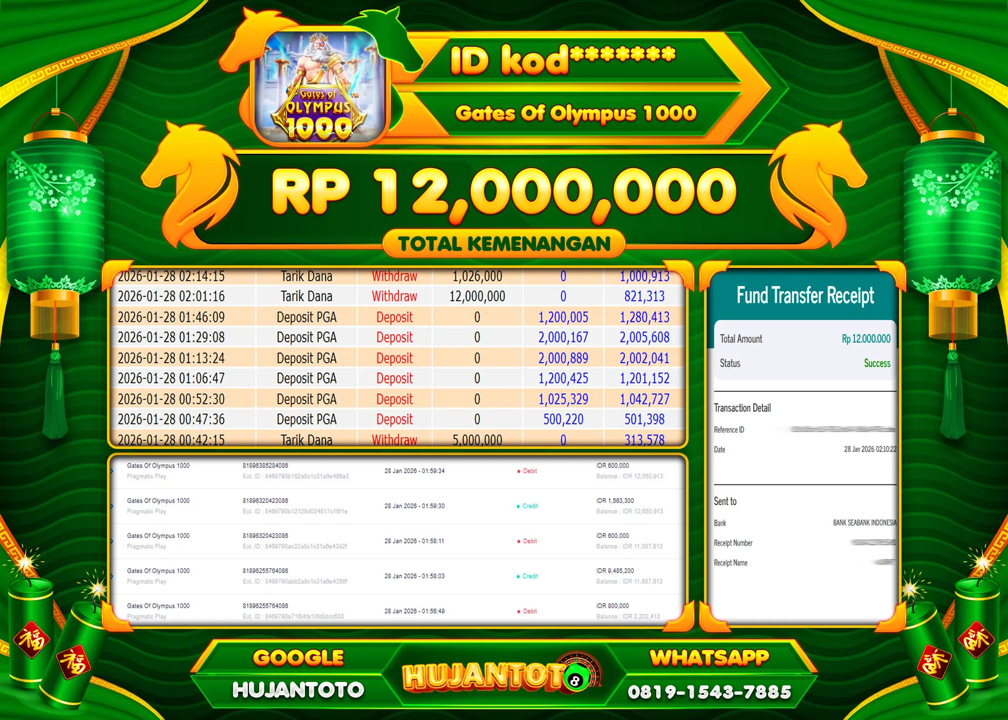HUJANTOTO - BUKTI JACKPOT MENANG SLOT GATES  OF OLYMPUS 1000 Rp.12,000,000 - TERBAYAR LUNAS