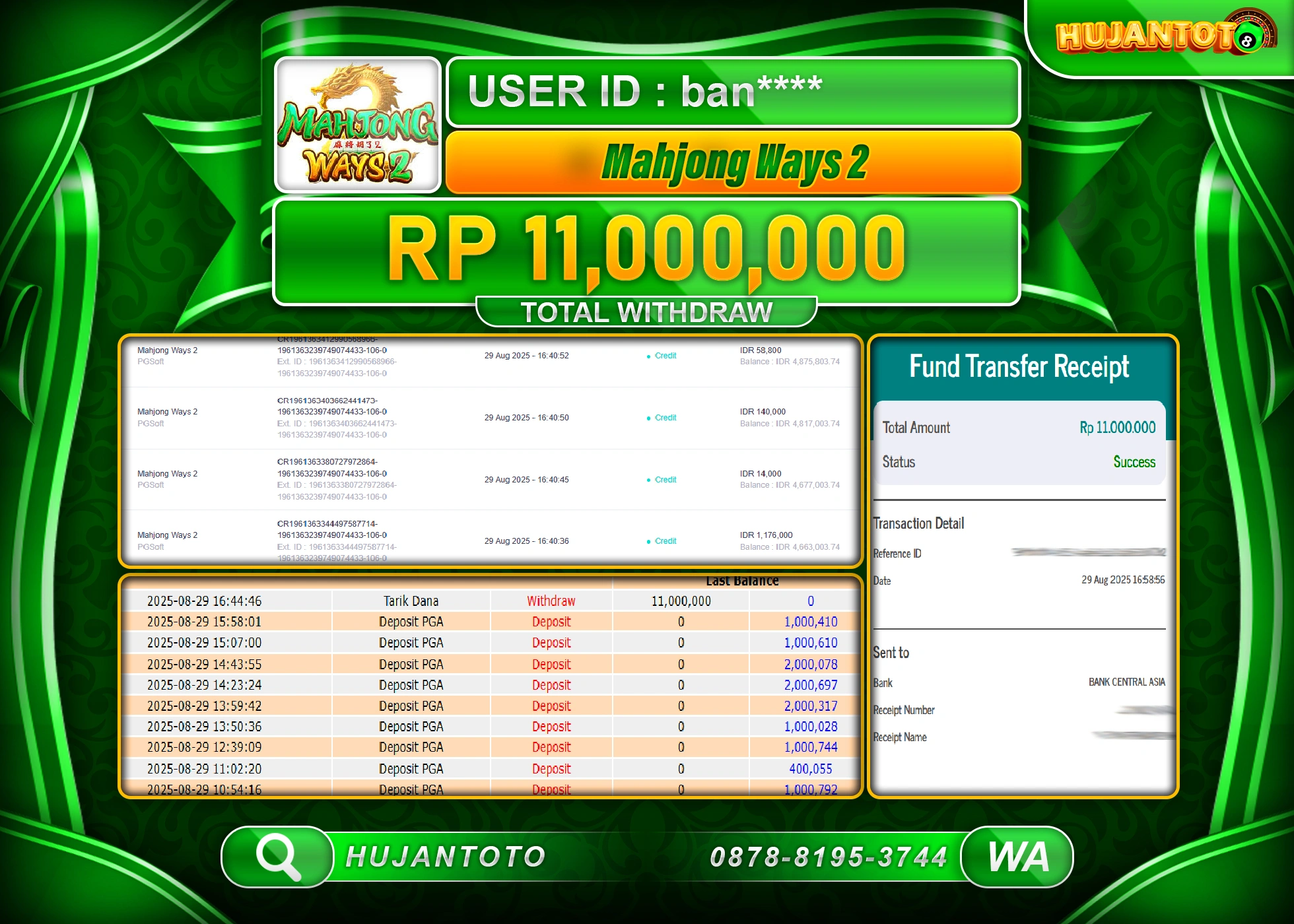 HUJANTOTO - BUKTI JACKPOT MENANG SLOT MAHJONG WAYS 2 Rp.11,000,000 - TERBAYAR LUNAS