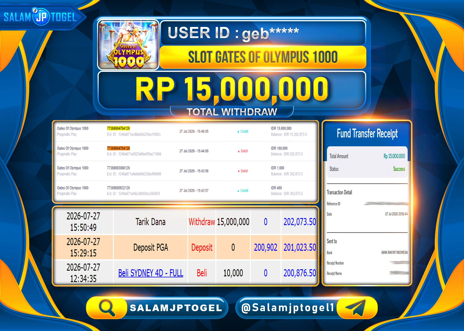 SALAMJPTOGEL JACKPOT MENANG SLOT GATES OF OLYMPUS 1000 Rp.15,000,000 - LUNAS