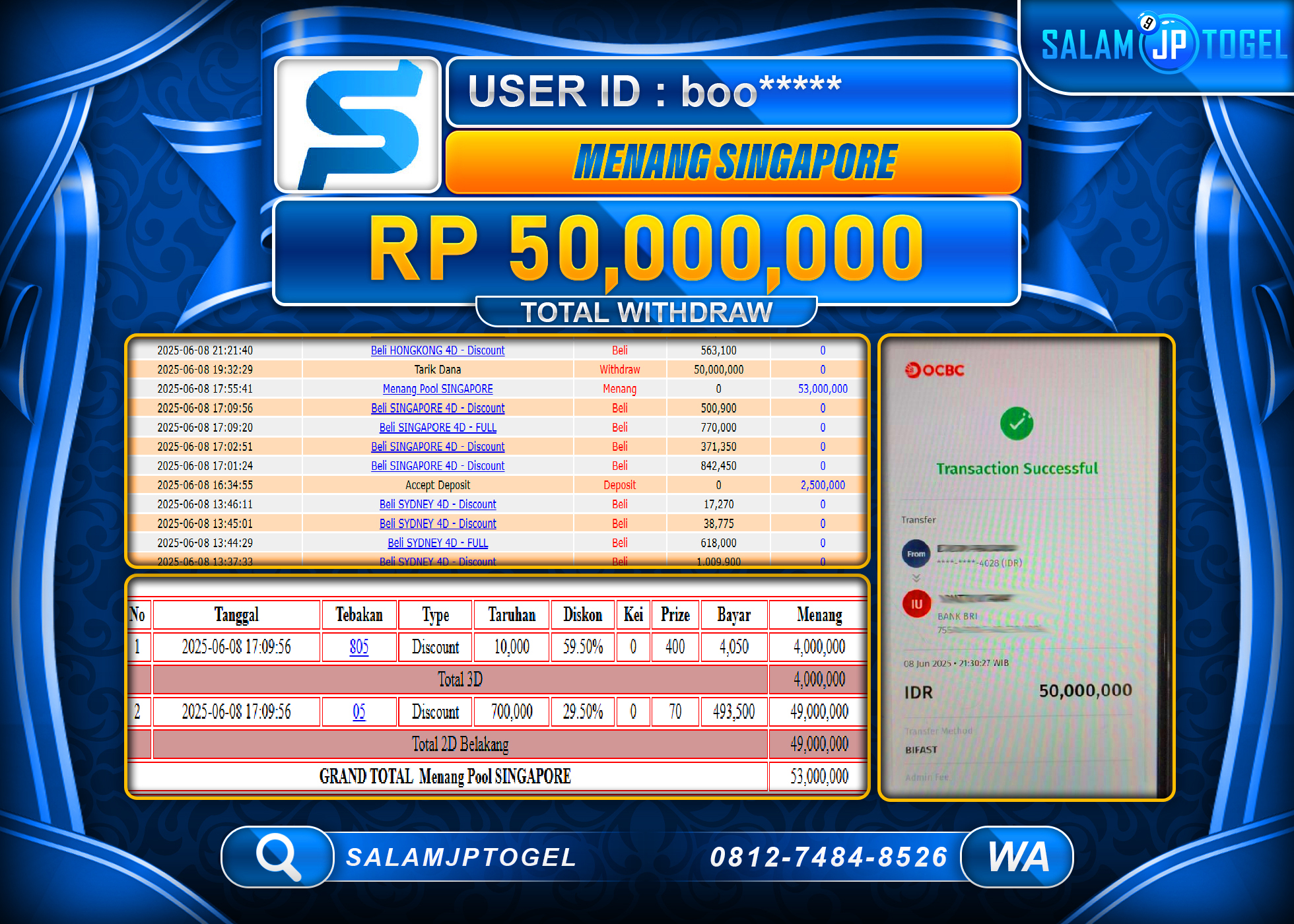 SALAMJPTOGEL MENANG SINGAPORE Rp.50,000,000 LUNAS