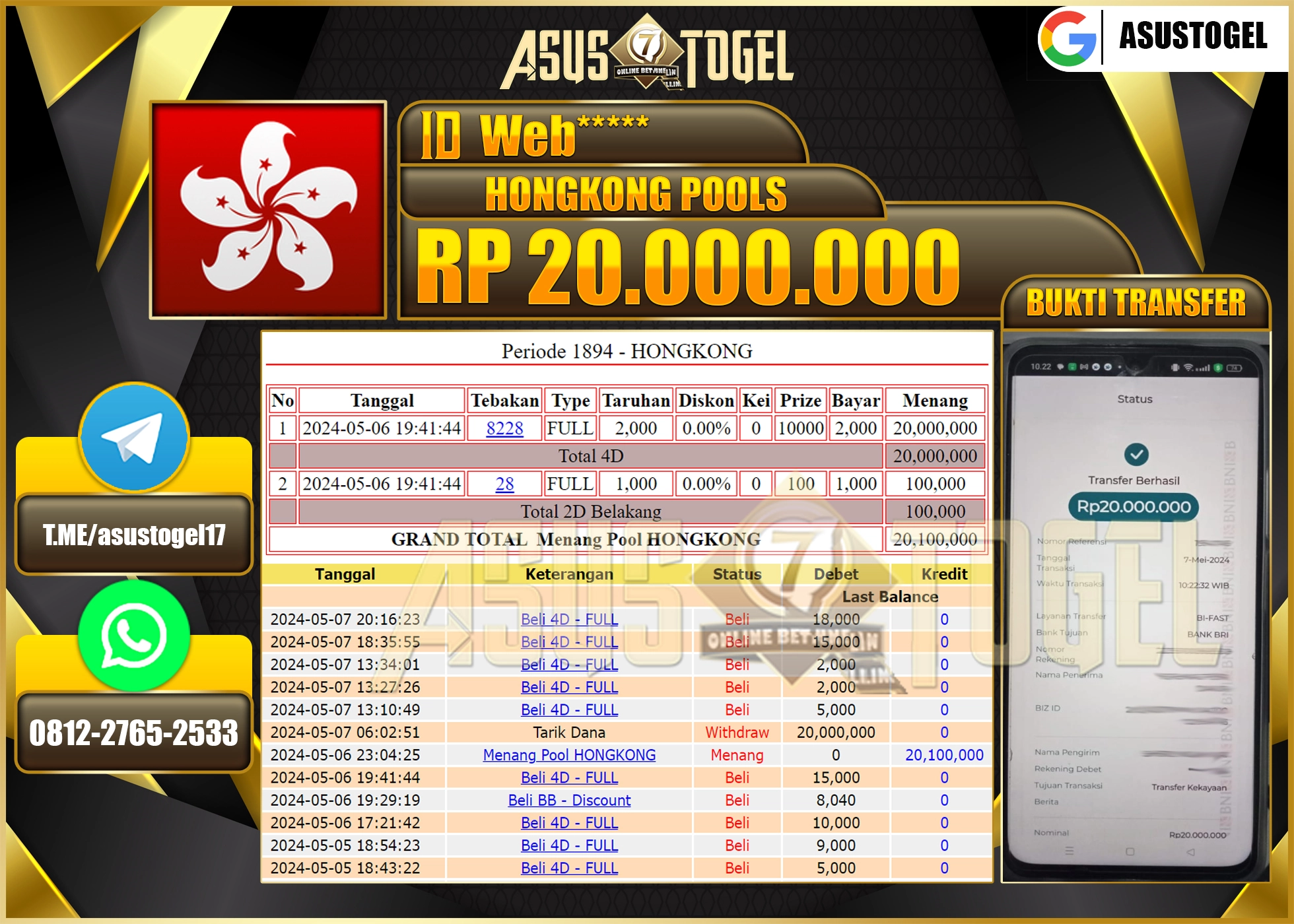 ASUSTOGEL MENANG HONGKONG POOLS 20.000.000- LUNAS