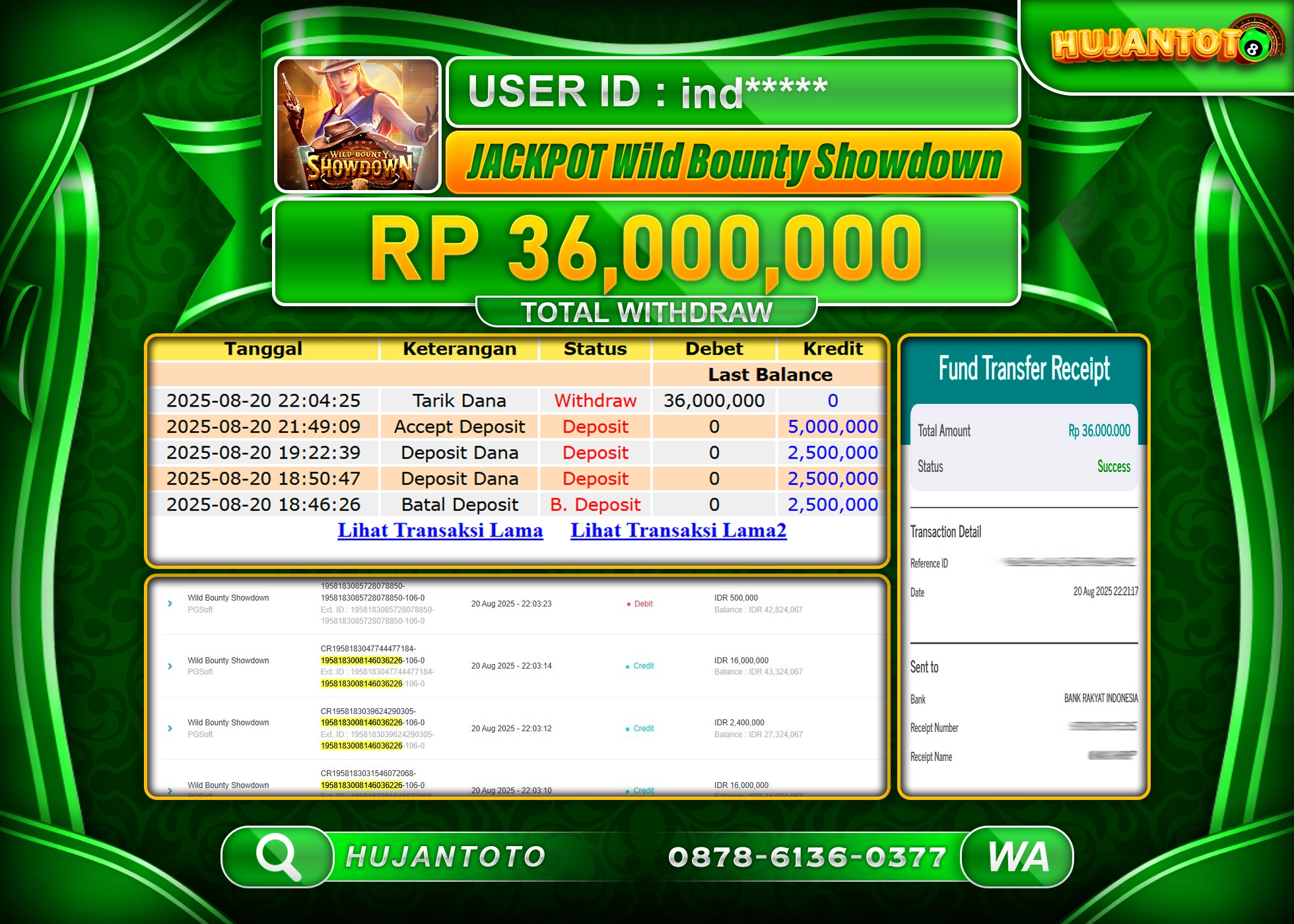 HUJANTOTO - BUKTI JACKPOT MENANG  SLOT WILD BOUNTY SHOWDOWN Rp.36,000,000 - TERBAYAR LUNAS