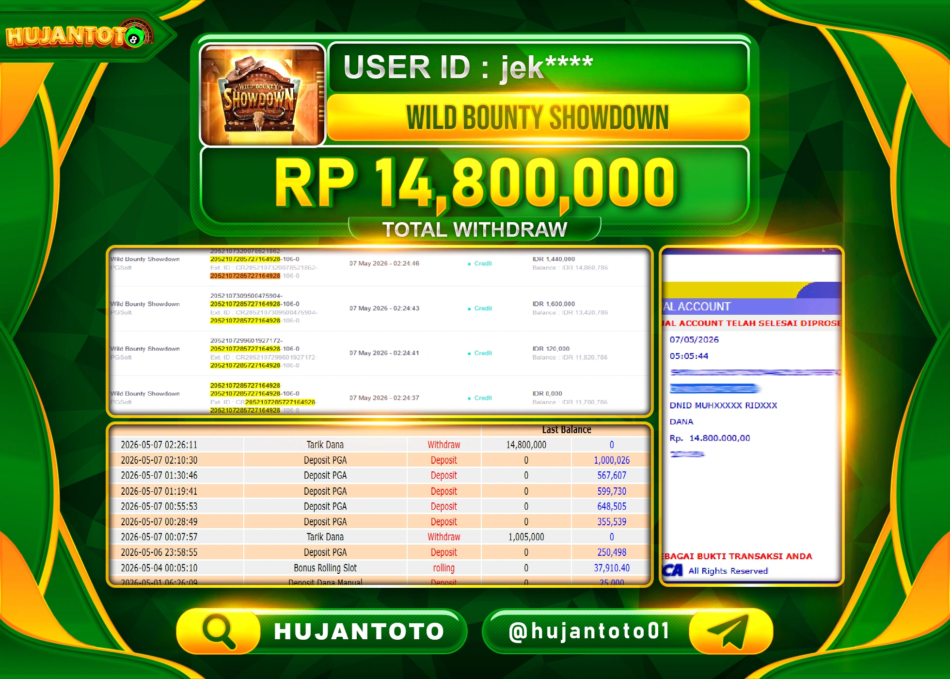 HUJANTOTO - BUKTI JACKPOT MENANG SLOT WILD BOUNTY SHOWDOWN PG SOFT Rp.14,800,000 - TERBAYAR LUNAS
