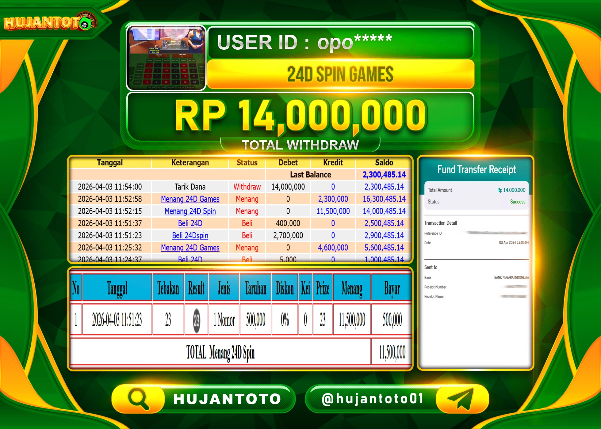HUJANTOTO - BUKTI JACKPOT MENANG LIVEGAME 24D SPIN GAMES Rp.14,000,000 - TERBAYAR LUNAS