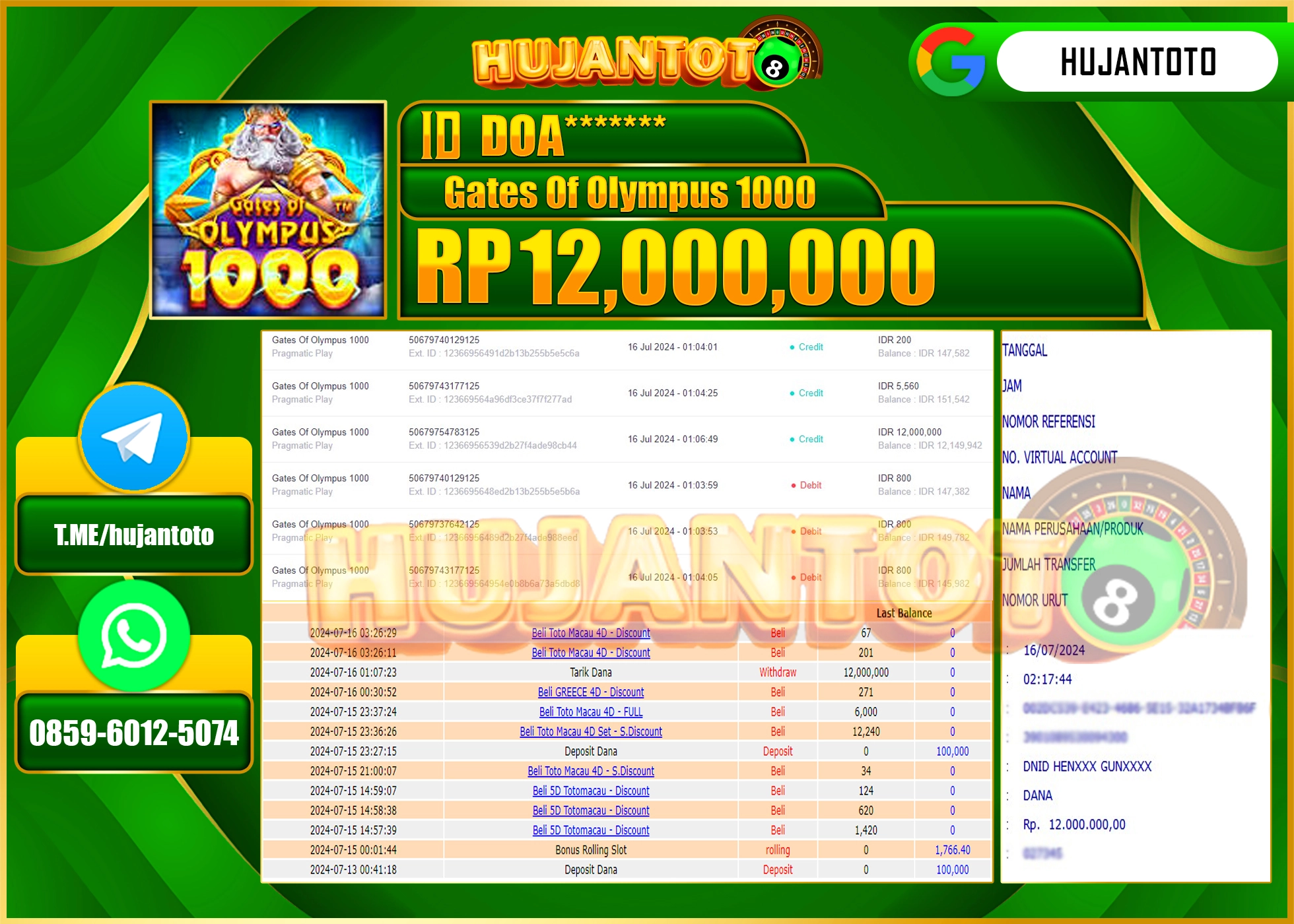 HUJANTOTO MENANG SLOT GATES OF OLYMPUS 1000  12.000.000 - LUNAS 