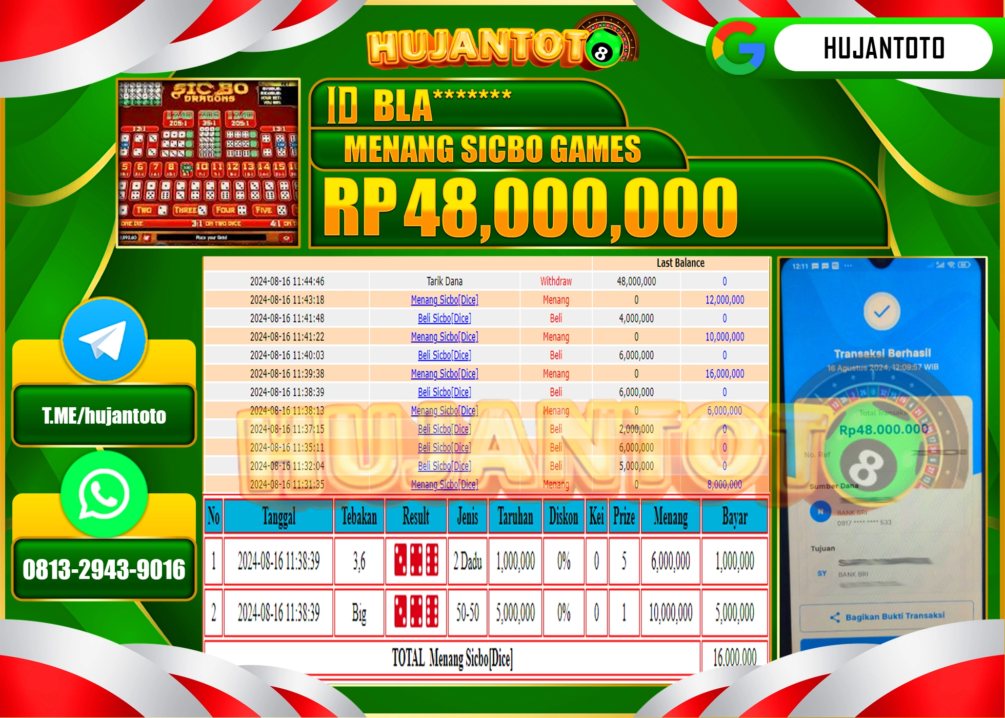 HUJANTOTO MENANG BESAR DI PERMAINAN LIVEGAME SICBO DICE GAMES 48.000.000  - LUNAS 