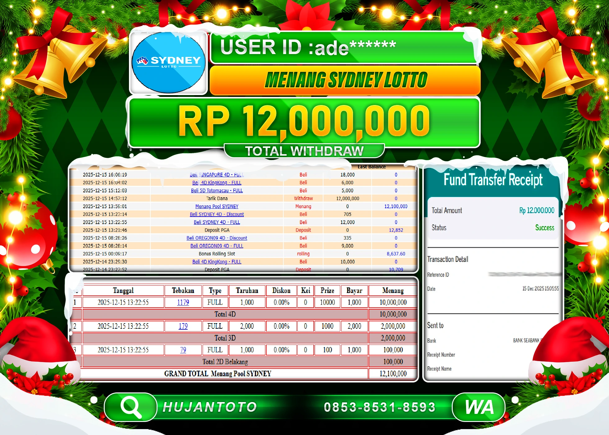 HUJANTOTO - BUKTI JACKPOT MENANG TOGEL MENANG SYDNEY LOTTO Rp.12,000,000 - TERBAYAR LUNAS