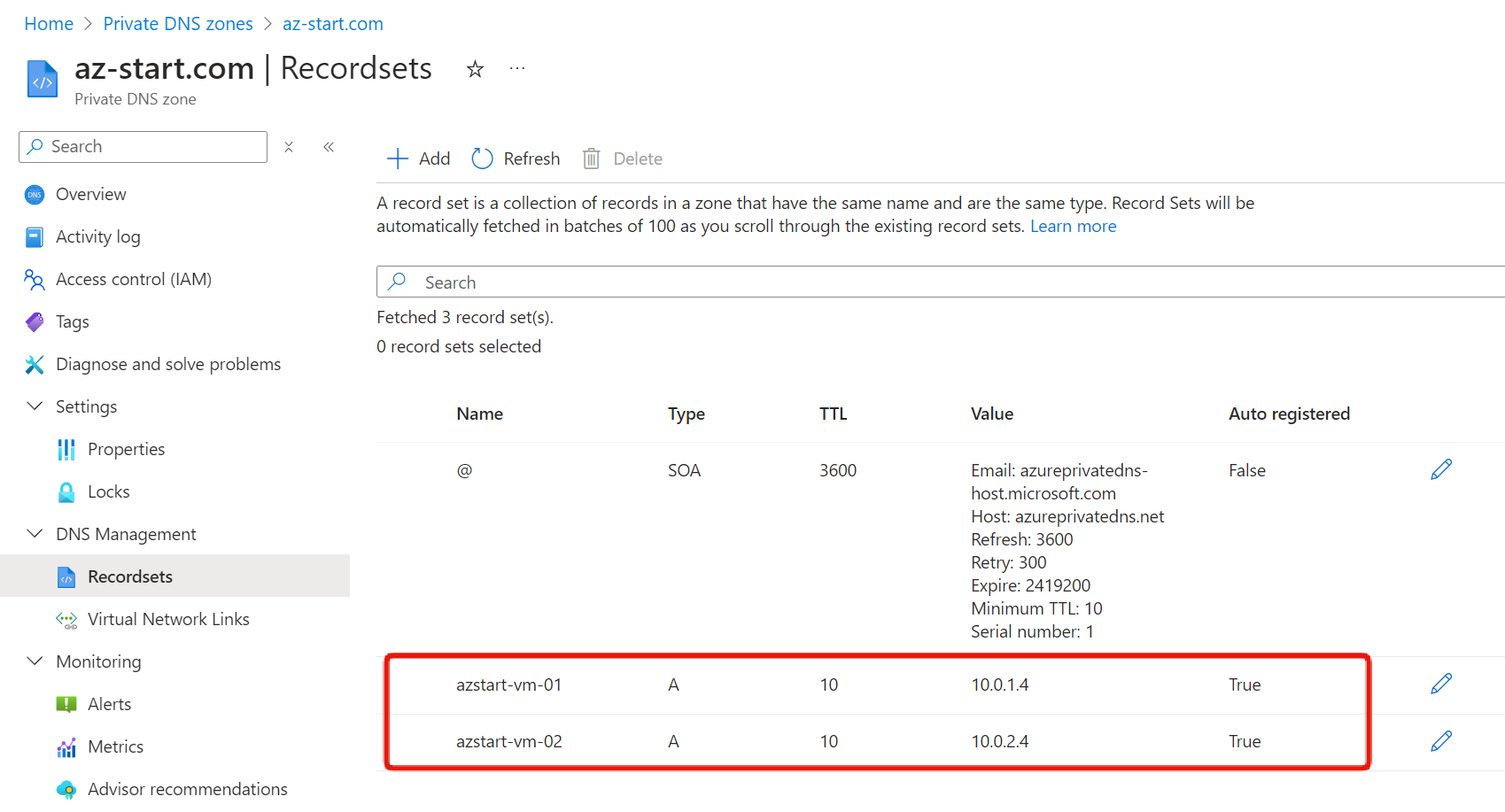 Azure Private DNS zone recordsets