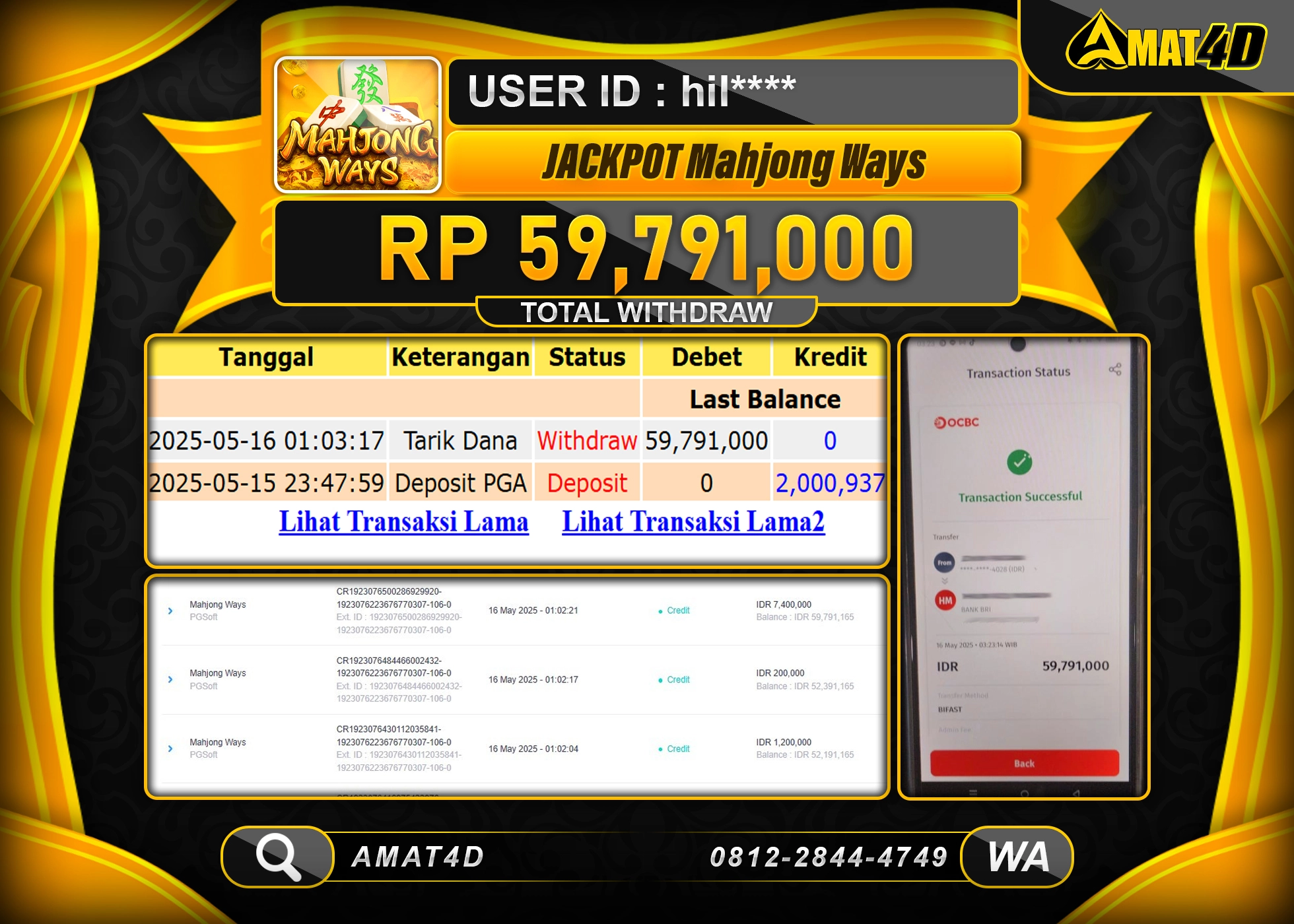 AMAT4D KEMENANGAN JACKPOT MAHJONG WAYS Rp.59.791.000 BERHASIL TERBAYAR LUNAS
