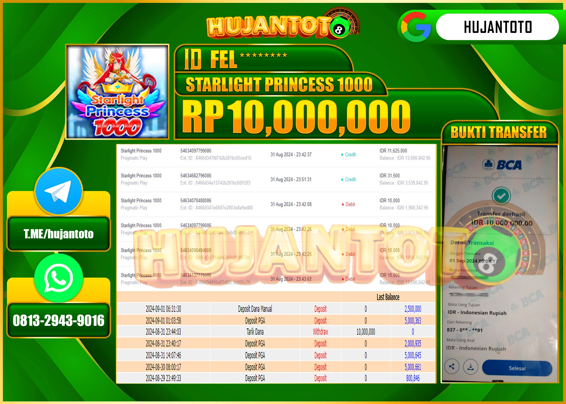 HUJANTOTO MENANG BESAR DI PERMAINAN STARLIGHT PRINCES 1000 ,  10,000.000 - LUNAS 