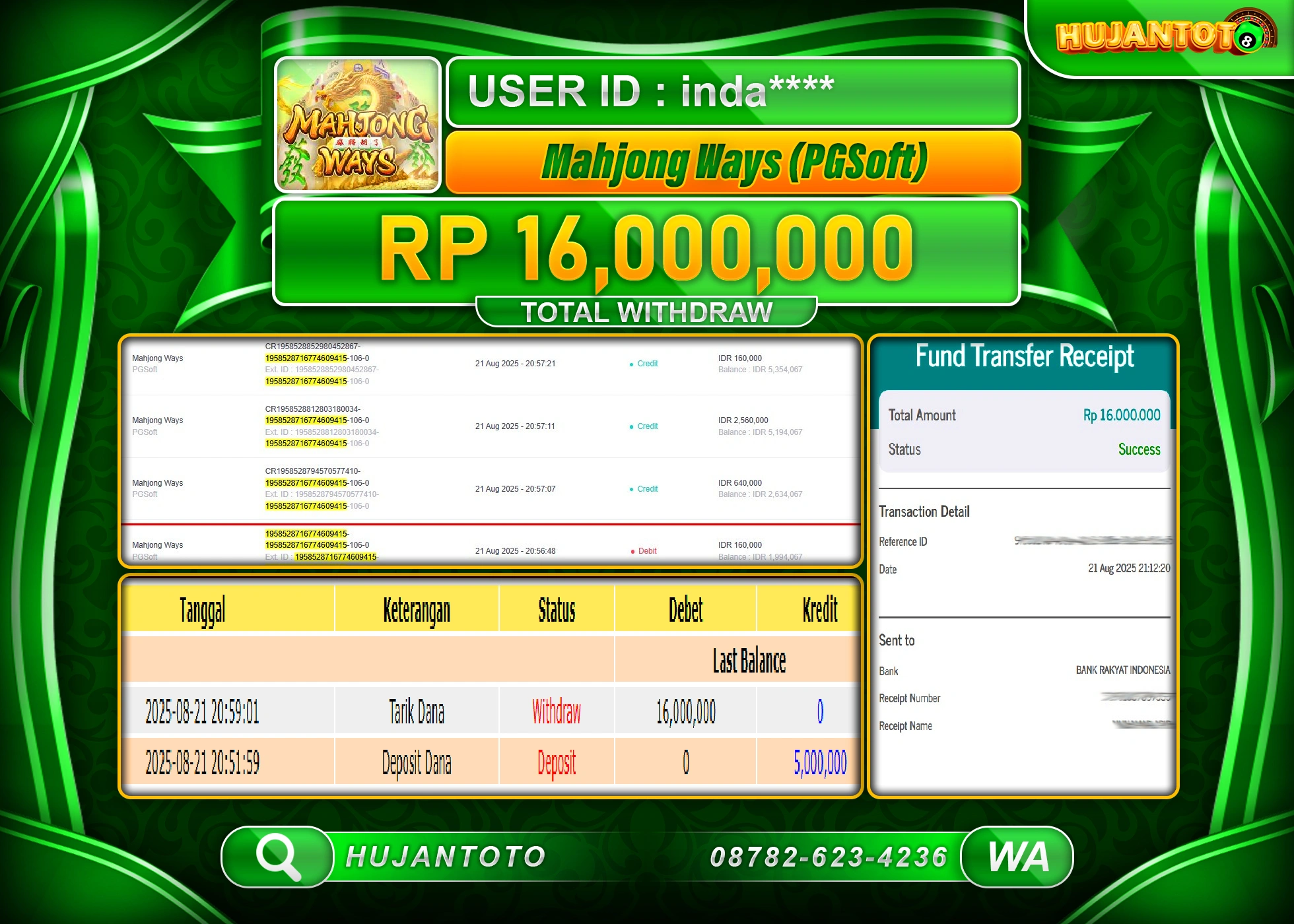 HUJANTOTO - BUKTI JACKPOT MENANG SLOT MAHJONG WAYS Rp.16,000,000 - TERBAYAR LUNAS