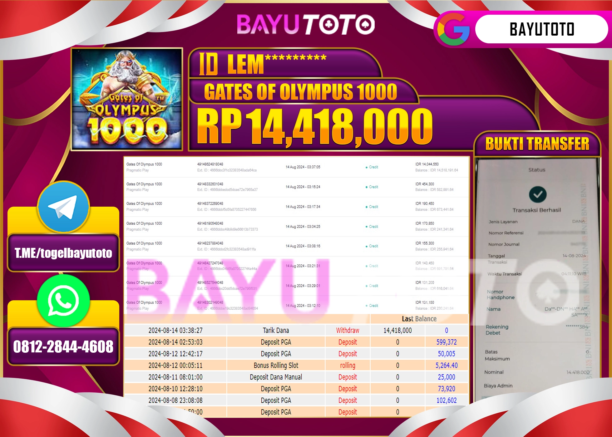 BAYUTOTO MENANG SLOT GATES OF OLYMPUS 1000 14.418.000 - LUNAS