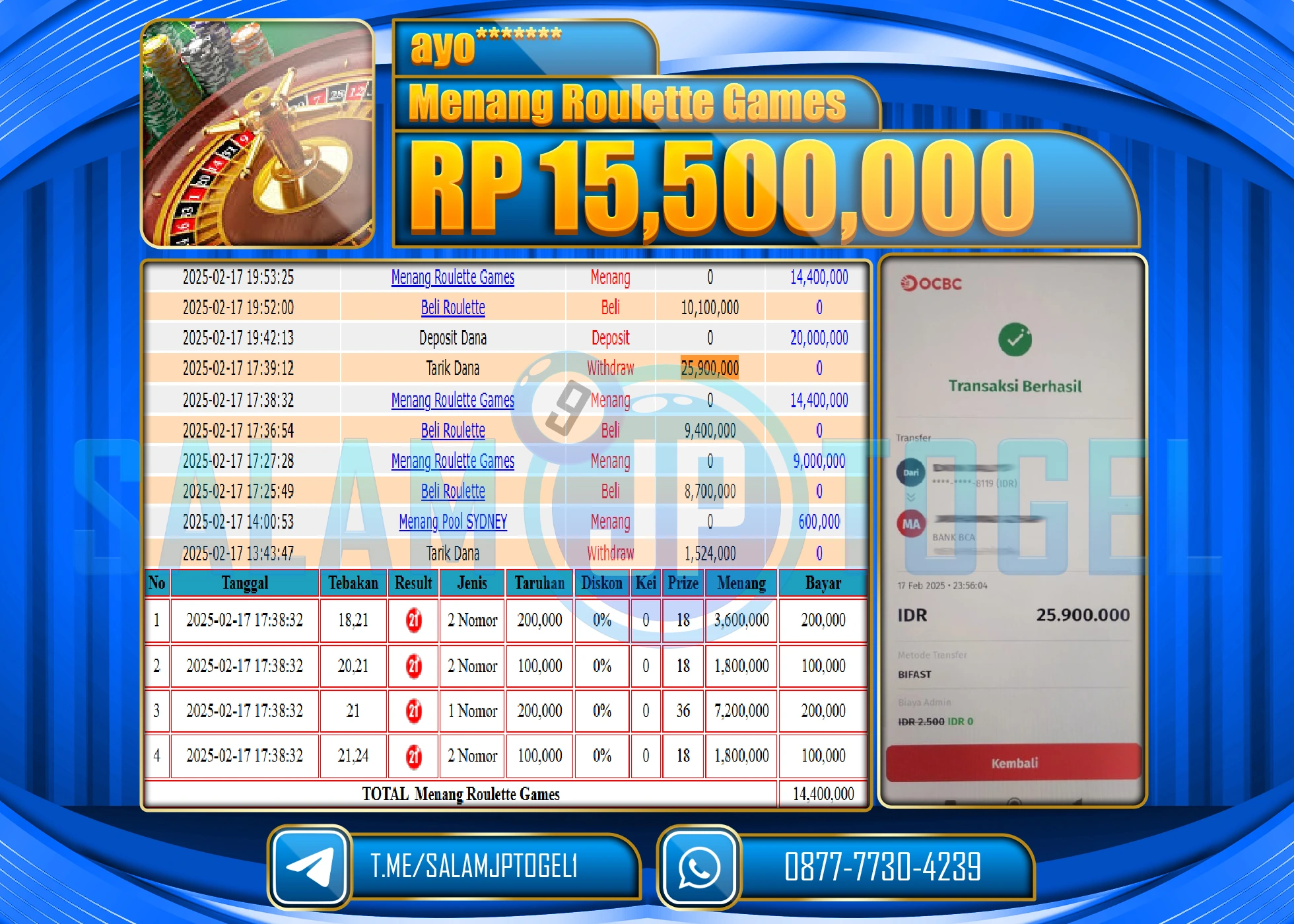SALAMJPTOGEL MENANG ROULETTE GAMES Rp. 15,500,000 LUNAS