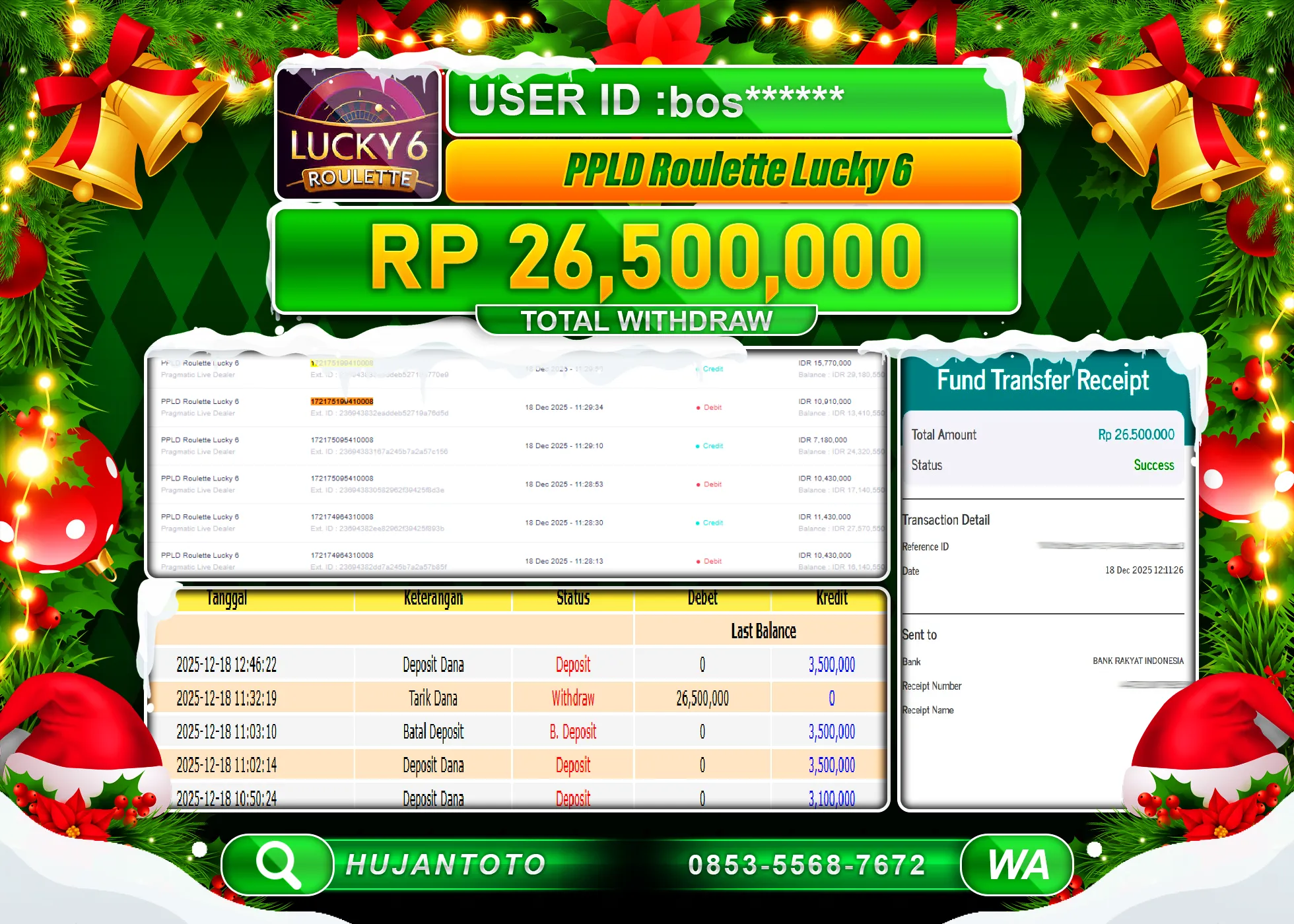 HUJANTOTO - BUKTI JACKPOT MENANG LIVE GAME PPLD ROULETTE LUCKY 6 Rp.26,500,000 - TERBAYAR LUNAS