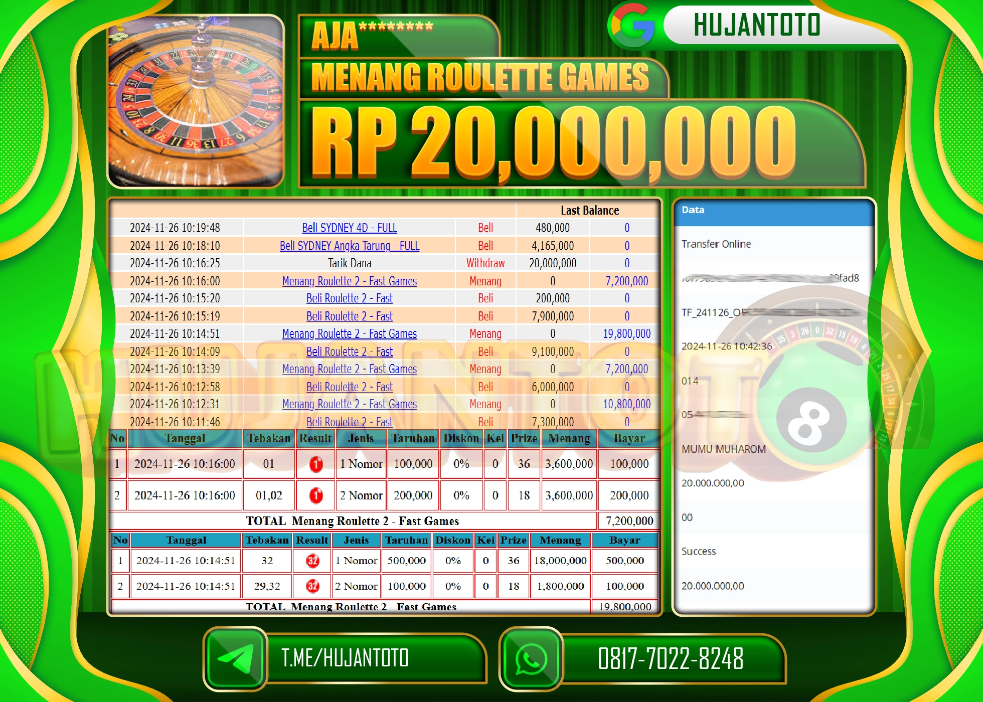 HUJANTOTO KEMENANGAN JACKPOT  BESAR D LIVE GAME ROULETTE GAMES SEBESAR  - 20,000,000 - LUNAS
