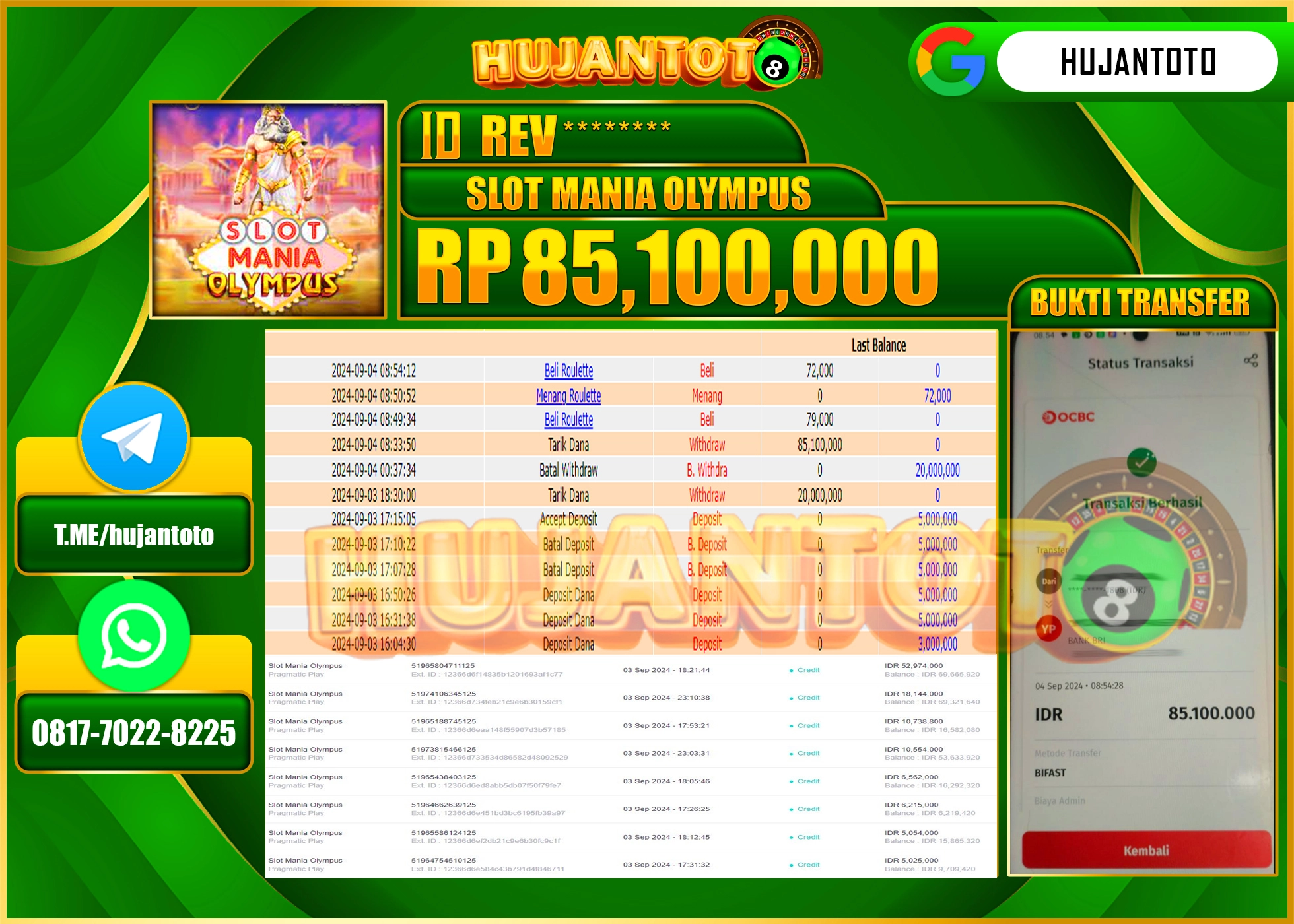HUJANTOTO MENANG BESAR DI PERMAINAN SLOT MANIA OLYMPUS 85,100.000 - LUNAS 