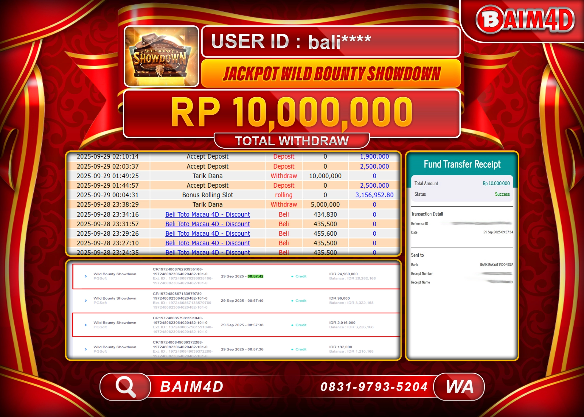 BAIM4D JACKPOT SLOT WILD BOUNTY SHOWDOWN Rp.10,000,000.- LUNAS