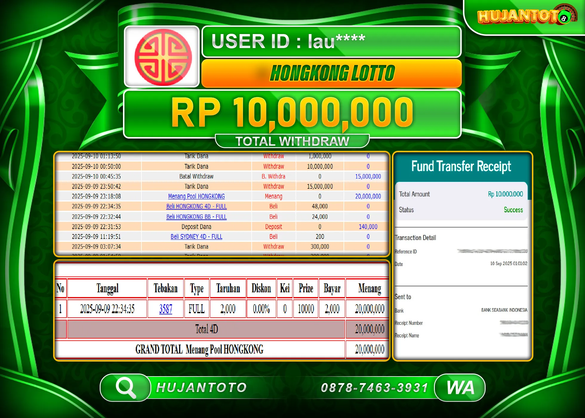 HUJANTOTO - BUKTI JACKPOT MENANG TOGEL HONGKONG LOTTO Rp.10,000,000 - TERBAYAR LUNAS