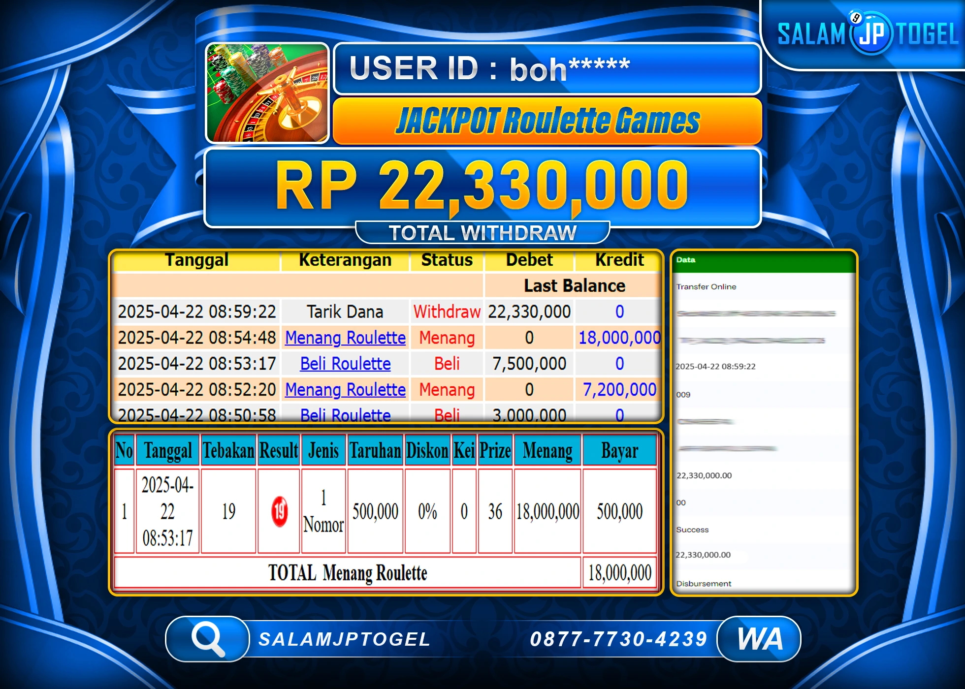 SALAMJPTOGEL MENANG ROULETTE GAMES Rp.22,330,000 LUNAS