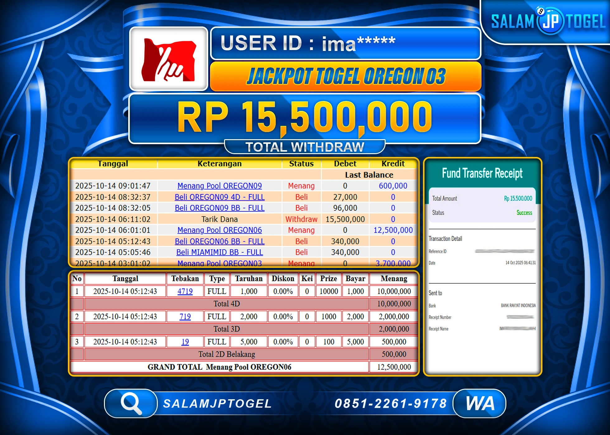 SALAMJPTOGEL MENANG JACKPOT TOGEL OREGON 03 Rp.15,500,000  - LUNAS