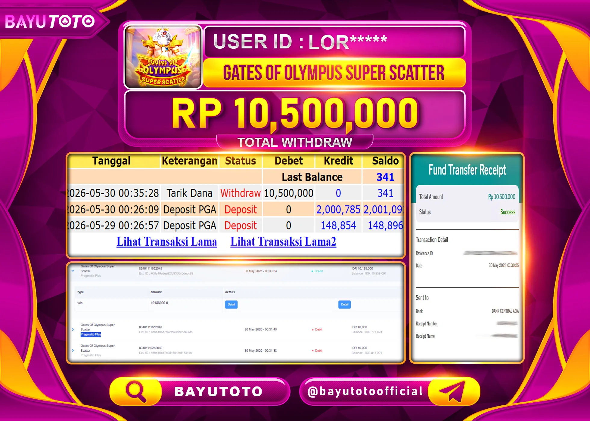 MEMBER SETIA BAYUTOTO JACKPOT DI SLOT GATES OF OLYMPUS SUPER SCATTER Rp. 10,500,000 LUNAS