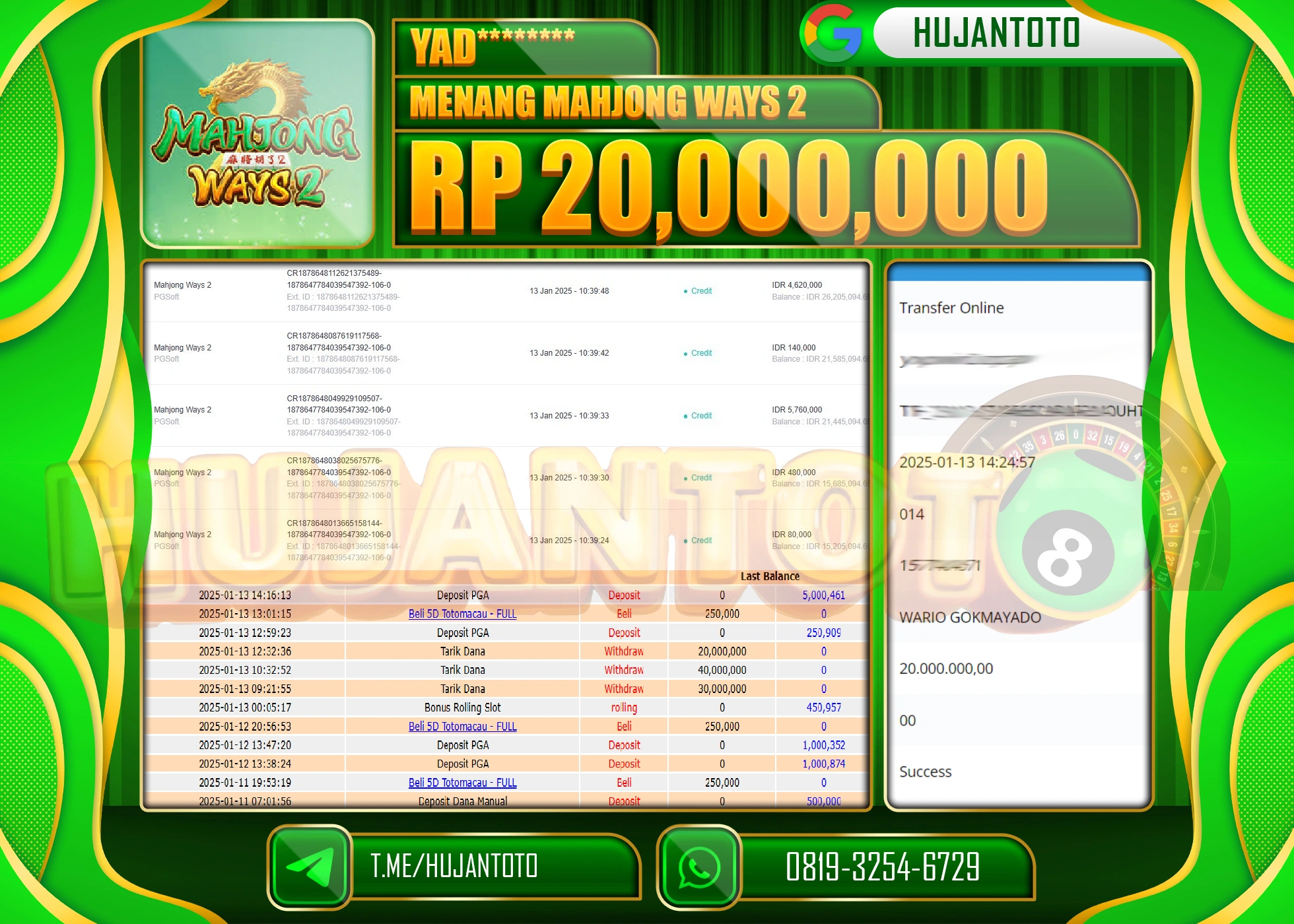 HUJANTOTO - BUKTI JACKPOT DI PERMAINAN SLOT MAHJONG WAYS 2 Rp. 20,000,000- TERBAYAR LUNAS