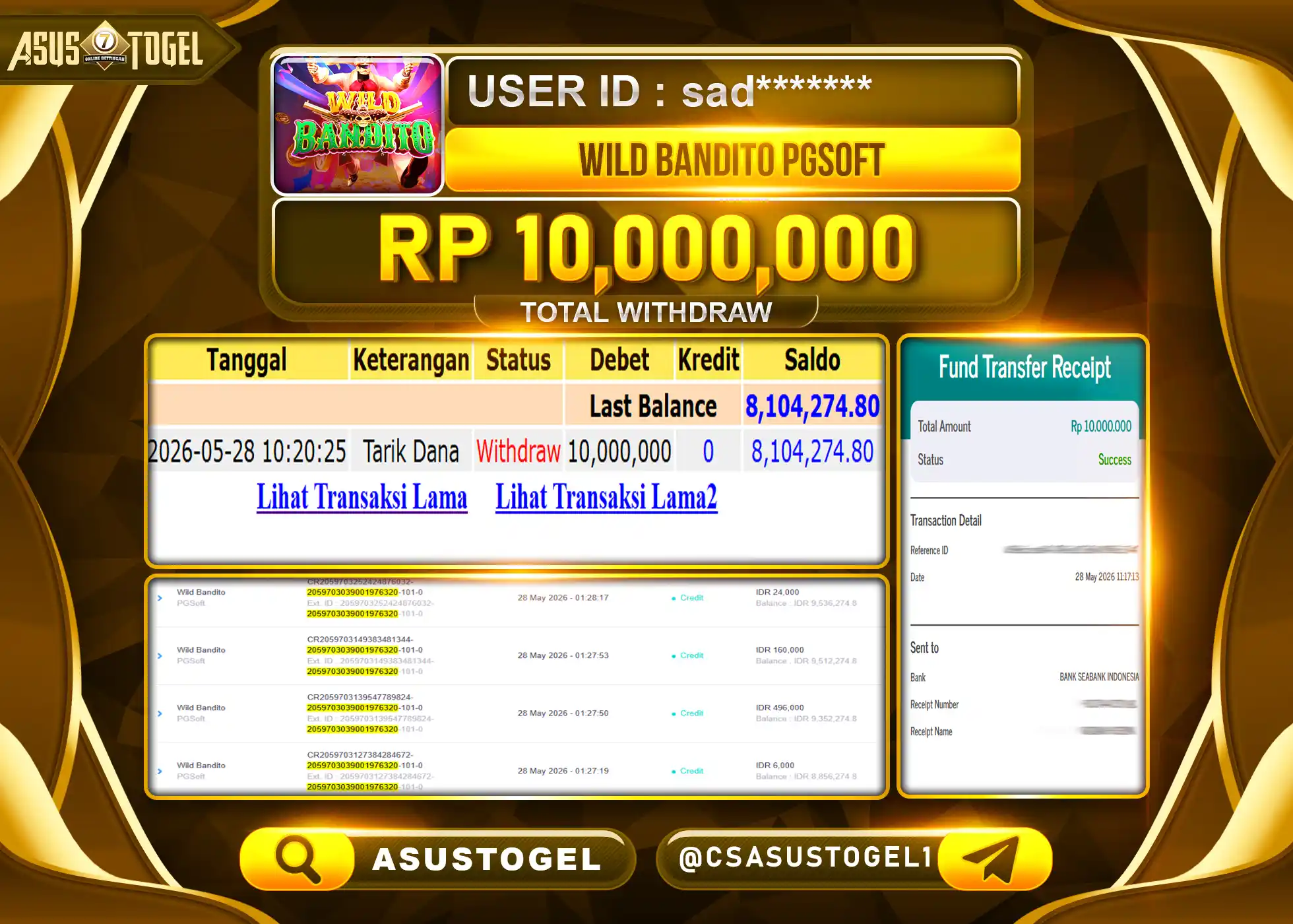 ASUSTOGEL KEMENANGAN JACKPOT SLOT WILD BANDITO PG SOFT Rp.10,000,000 - RUPIAH LUNAS