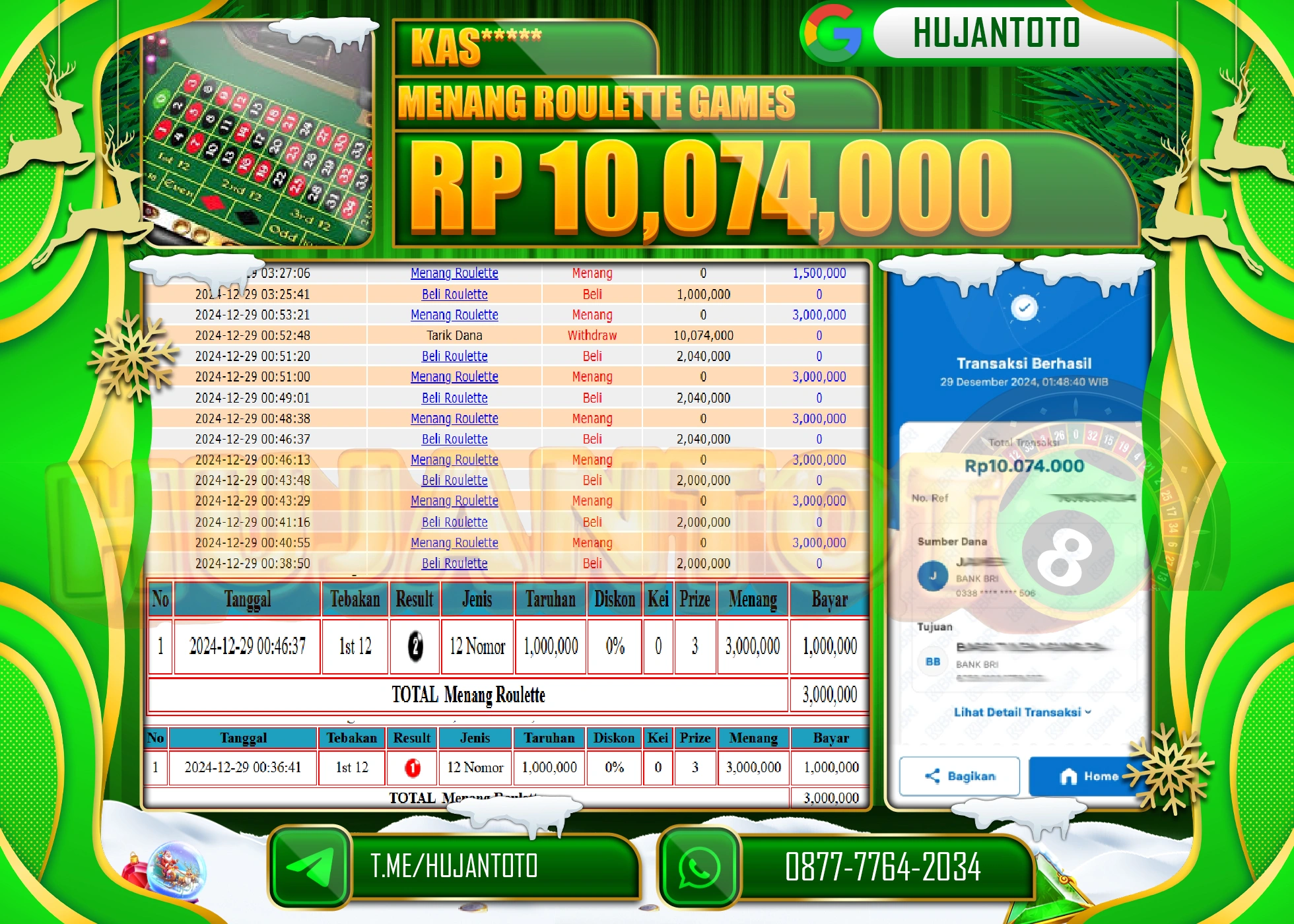HUJANTOTO SELAMAT ATAS KEMENANGAN YANG DI RAIH DI PERMAINAN CASINO ROULETTE GAMES SEBESAR 10,074,000 - TERBAYAR LUNAS