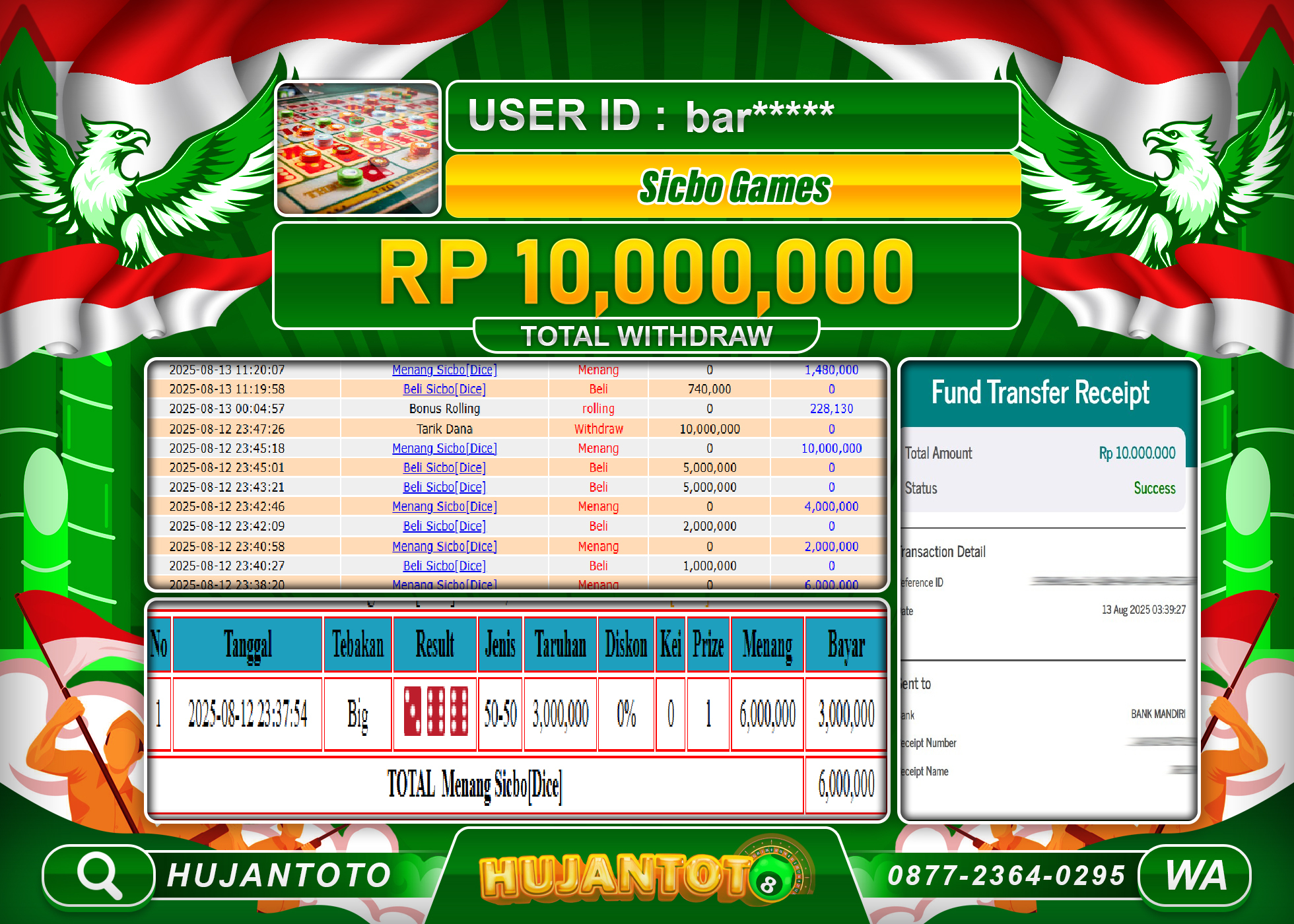 HUJANTOTO - BUKTI JACKPOT MENANG  LIVEGAME SICBO GAMES Rp.10,000,000 - TERBAYAR LUNAS