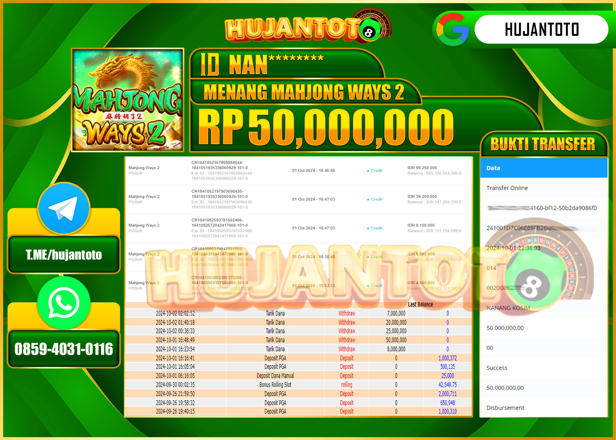 HUJANTOTO MENANG BESAR DI PERMAINAN MENANG MAHJONG WAYS 2- 50.000,000 - LUNAS 