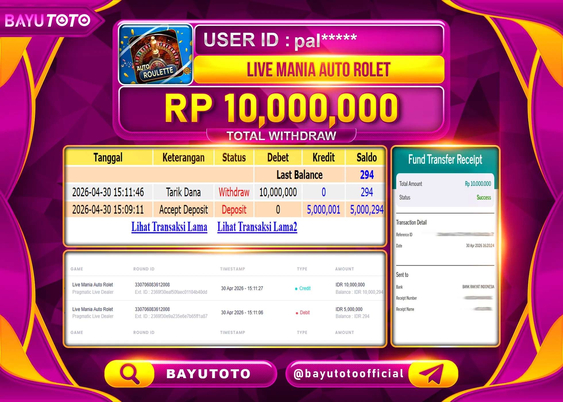 SELAMAT MEMBER SETIA BAYUTOTO JACKPOT DI LIVEGAMES LIVE MANIA AUTO ROLET - PPLD Rp. 10,000,000 LUNAS