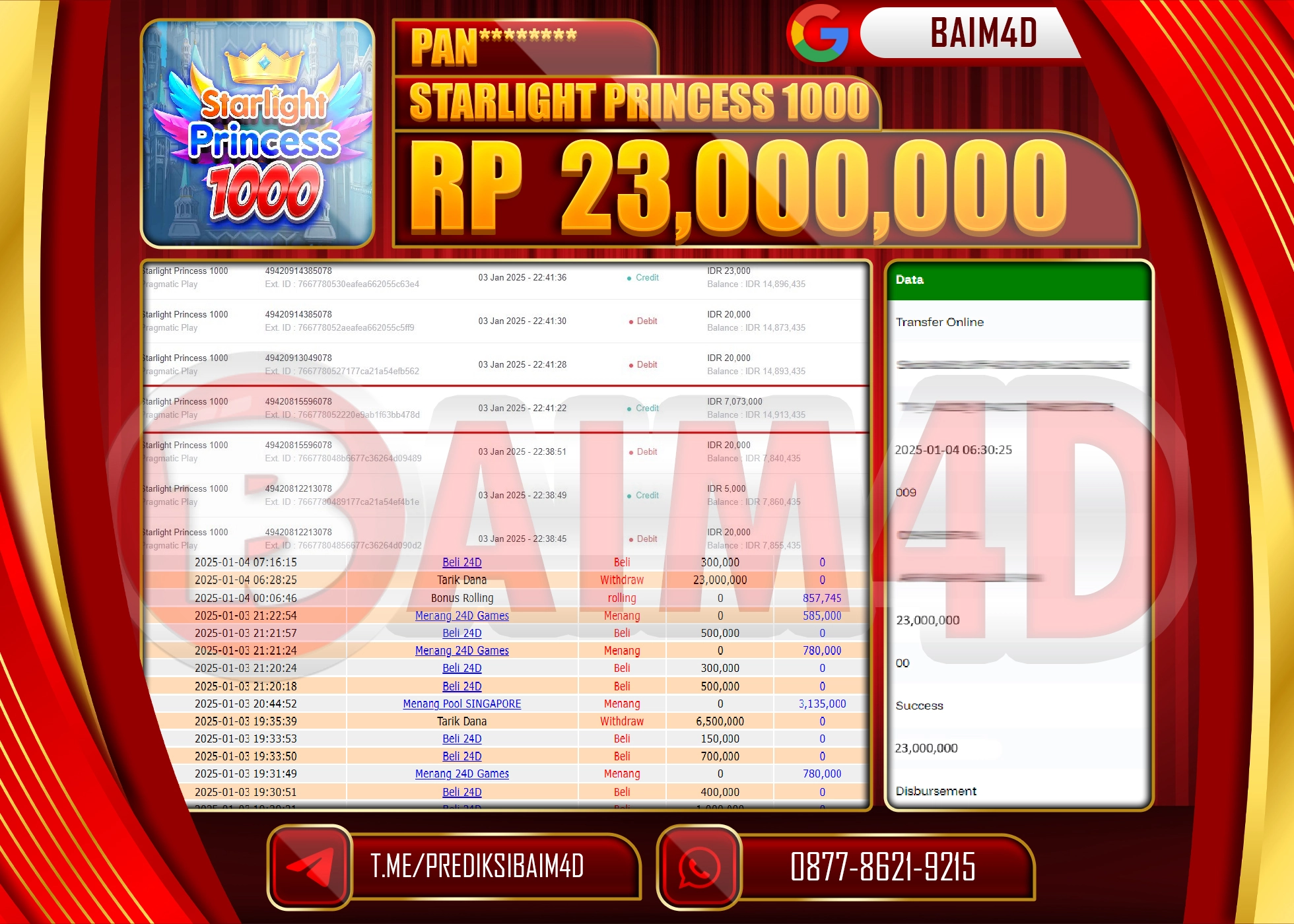 BAIM4D JACKPOT MENANG Starlight Princess 1000 Rp.23,000,000.- LUNAS