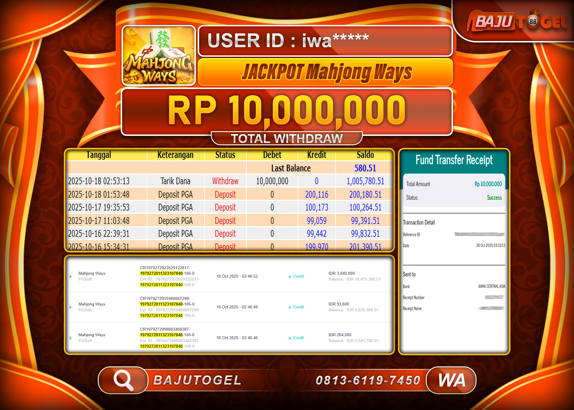 BAJUTOGEL KEMENANGAN  DI  SLOT MAHJONG WAYS Rp.10,000,000 LUNAS