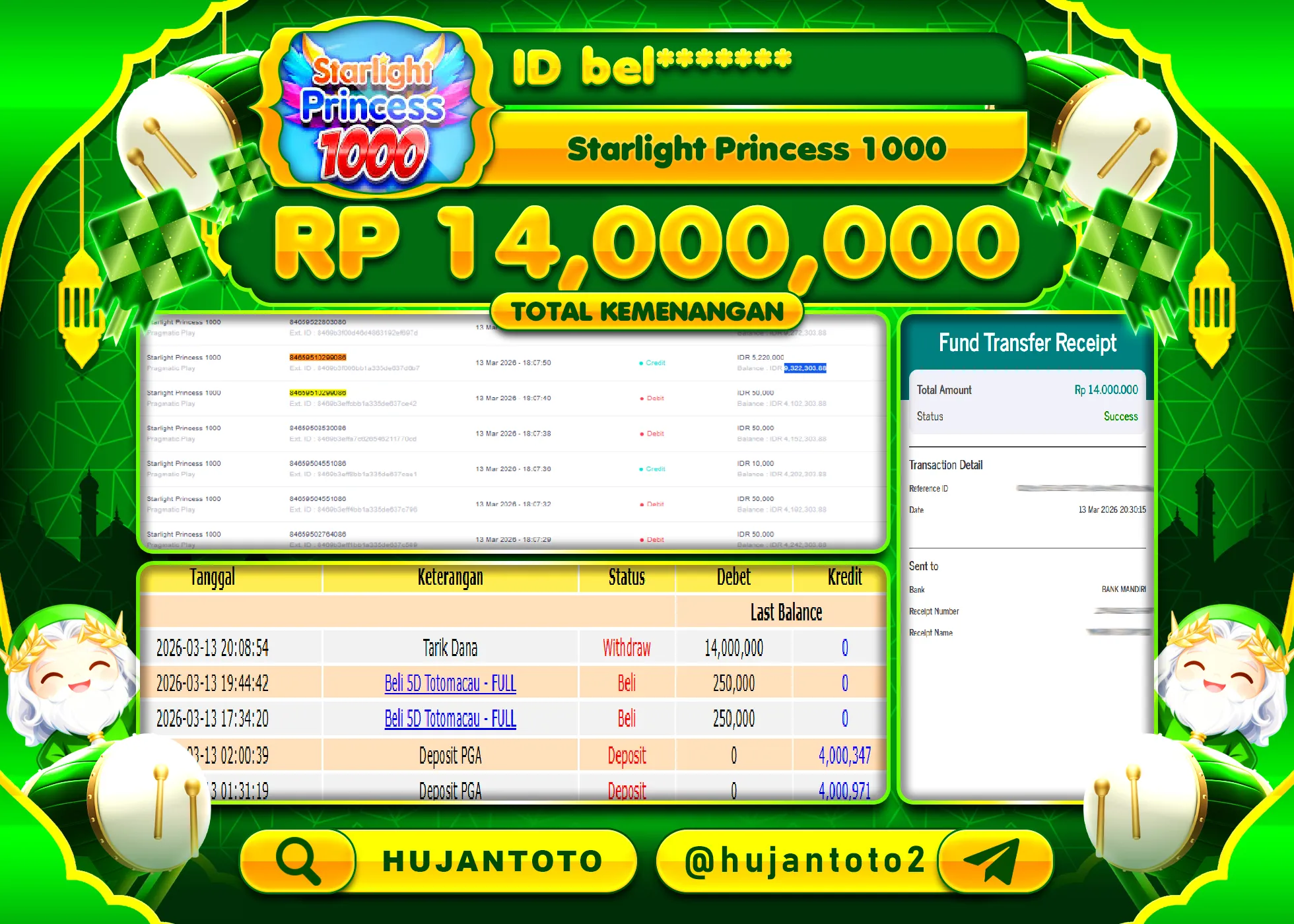 HUJANTOTO - BUKTI JACKPOT MENANG SLOT STARLIGHT PRINCESS 1000 Rp.14,000,000 - TERBAYAR LUNAS