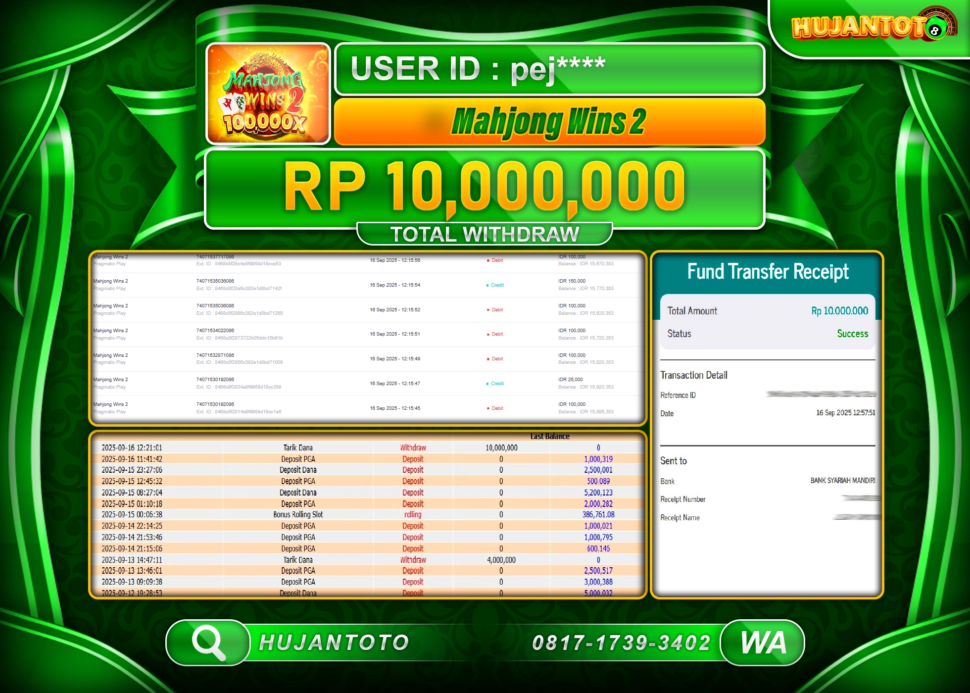 HUJANTOTO - BUKTI JACKPOT MENANG SLOT MAHJONG WAYS 2 Rp.10,000,000 - TERBAYAR LUNAS