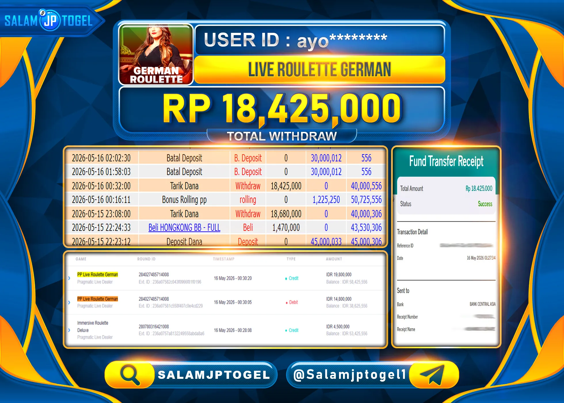 SALAMJPTOGEL Menang PP Live Roulette German Rp.18,425,000- LUNAS