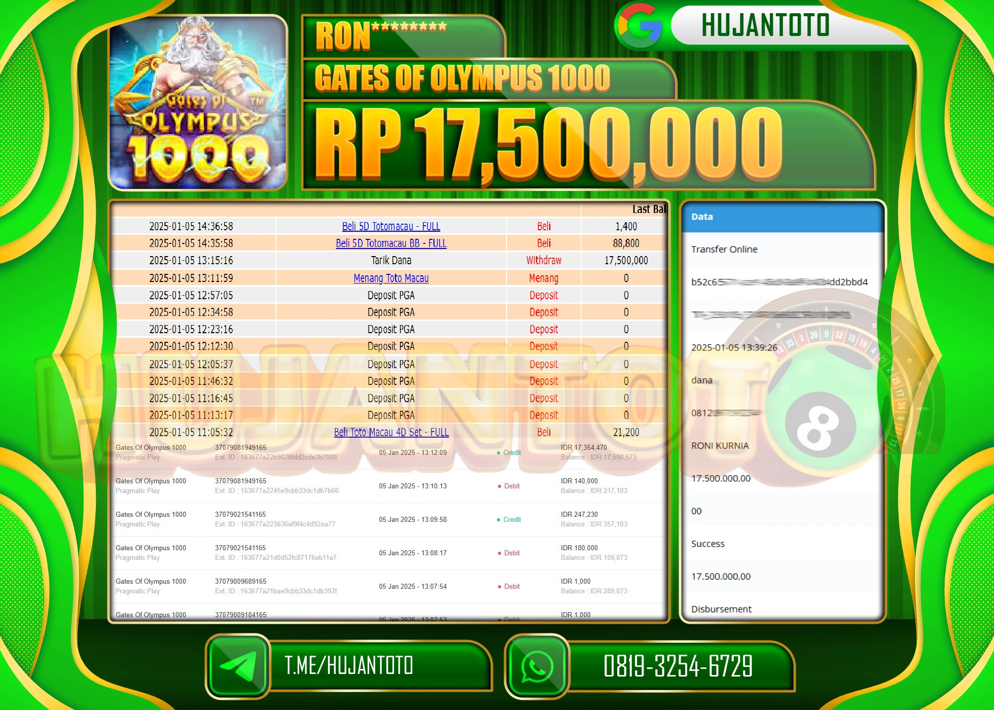 HUJANTOTO - BUKTI JACKPOT DI PERMAINAN SLOT GATES OF OLYMPUS 1000 Rp.17,500,000,- TERBAYAR LUNAS