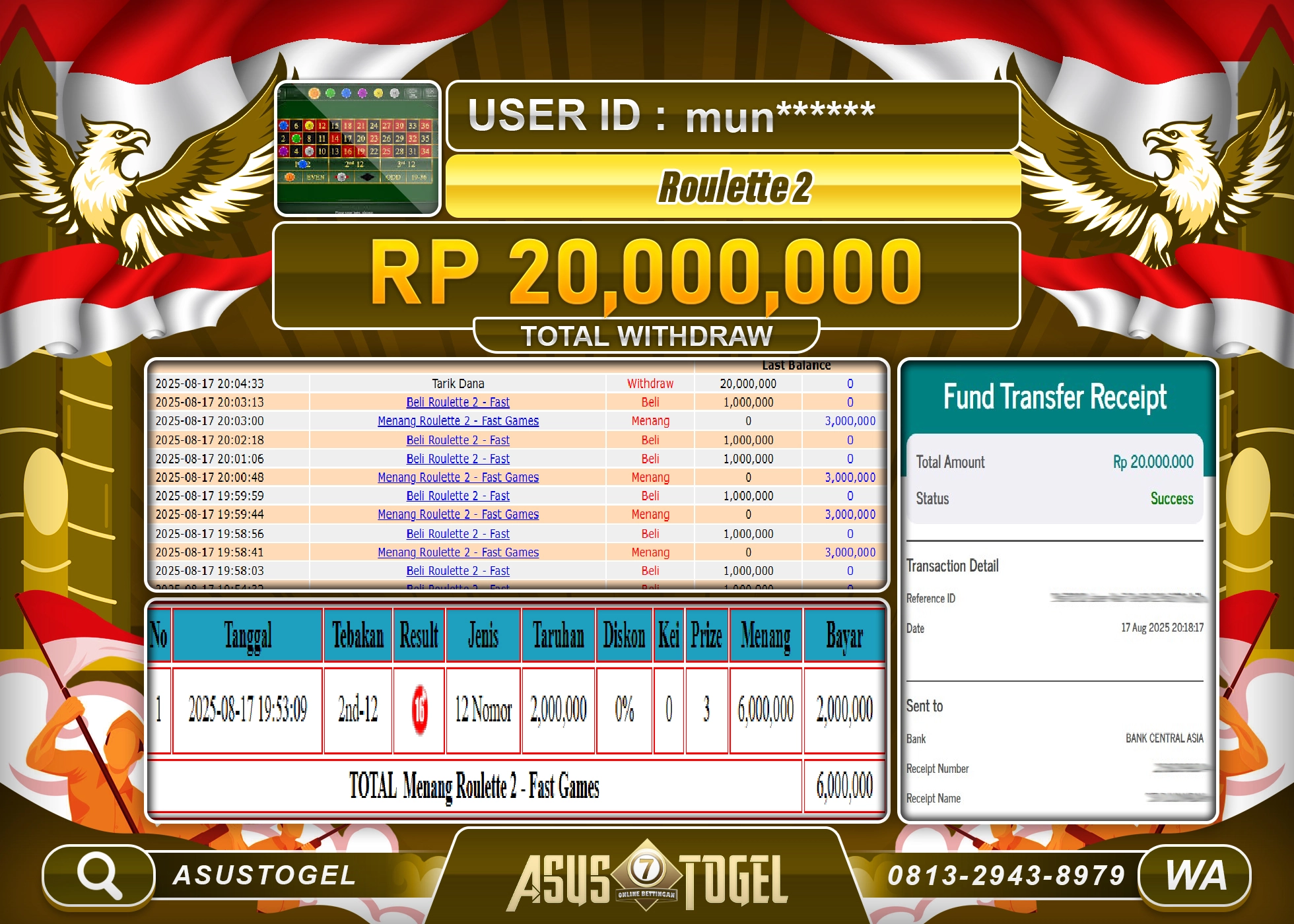 ASUSTOGEL KEMENANGAN DI LIVE GAMES ROULETTE 2 SEBESAR 20,000,000- RUPIAH LUNAS