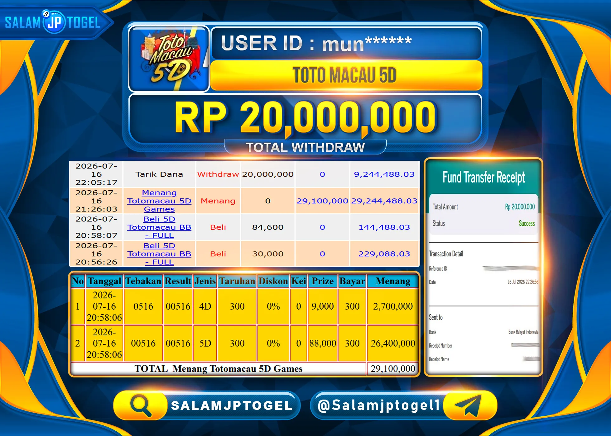 SALAMJPTOGEL MEMBER JACKPOT MENANG TOTO MACAU 5D - (TOGEL) Rp.20,000,000 - LUNAS