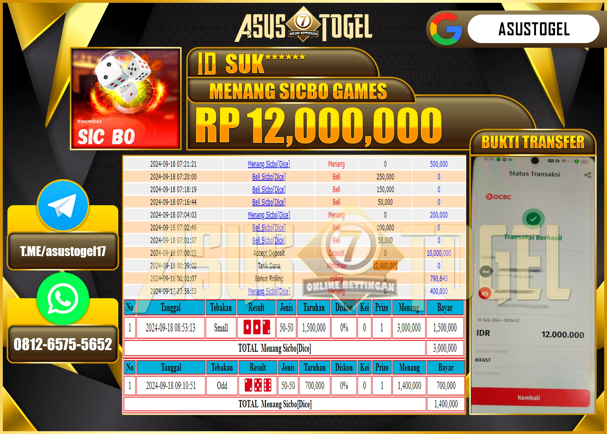 ASUSTOGEL  KEMENANGAN ATAS  DI MENANG SICBO GAMES   12,000,000- RUPIAH LUNAS